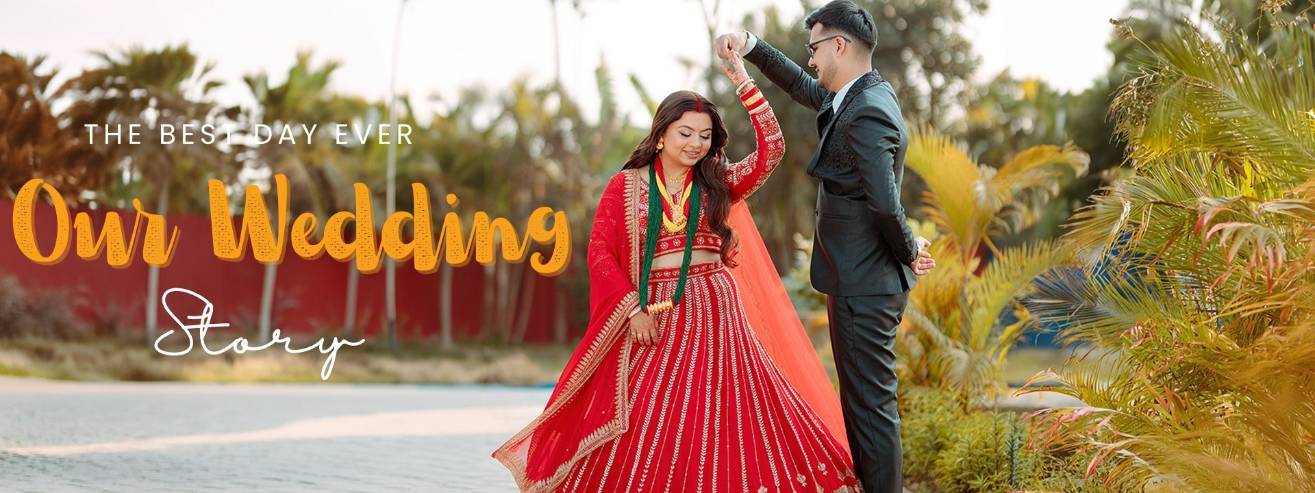 Nepali bride in red lehenga twirling with groom in black suit, cinematic wedding photography 