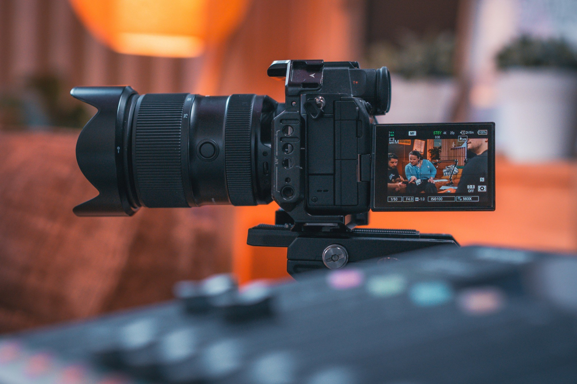 Professional video camera prepared for a corporate interview recording