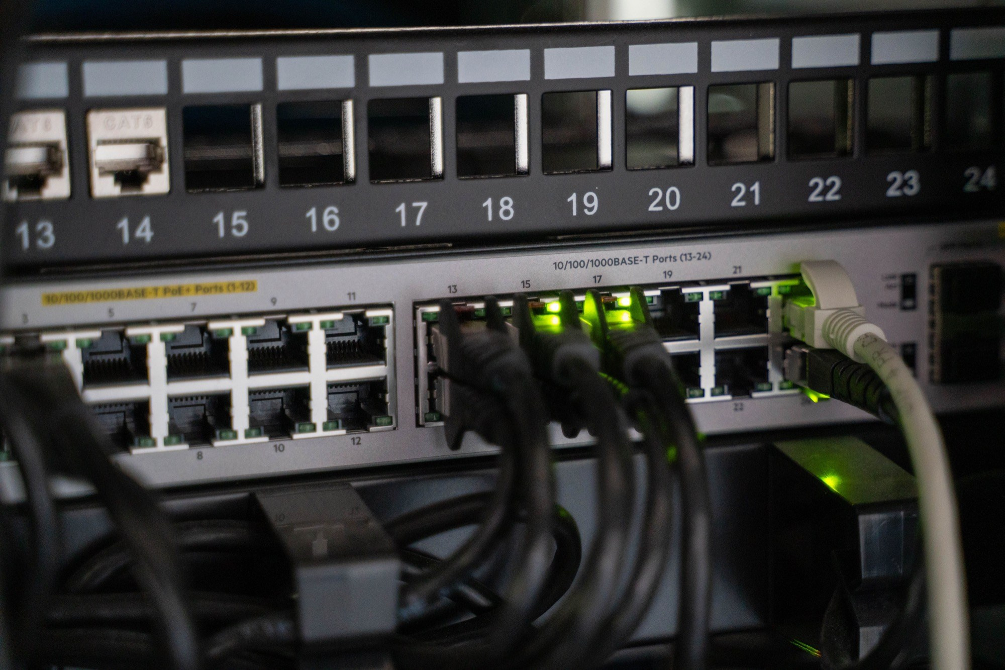 Multiple network cables connected to backup infrastructure for professional live streaming