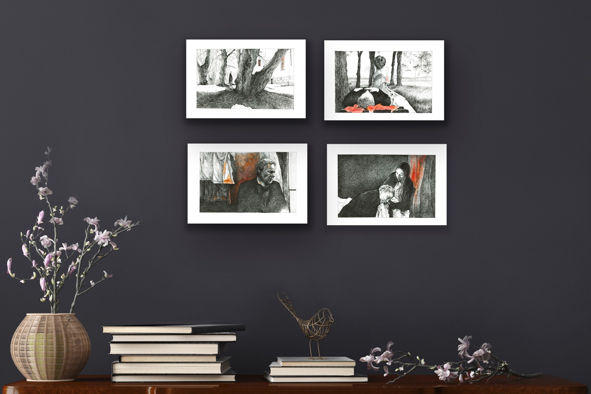 For Sale: Pen and ink interpretations of Andrei Tarkovsky's film scenes. Each black and white artwork, accented with red, captures transformation themes. Ideal for art collectors or adding style to interiors. Available now