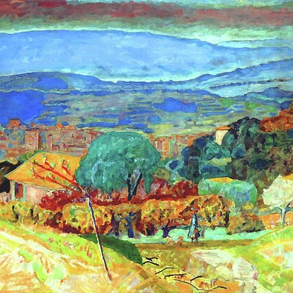 vibrant painting titled "Landscape at Le Cannet" (or Paysage au Cannet) created by the French Post-Impressionist artist Pierre Bonnard around 1928, depicting the sun-drenched scenery near his villa in the south of France. 