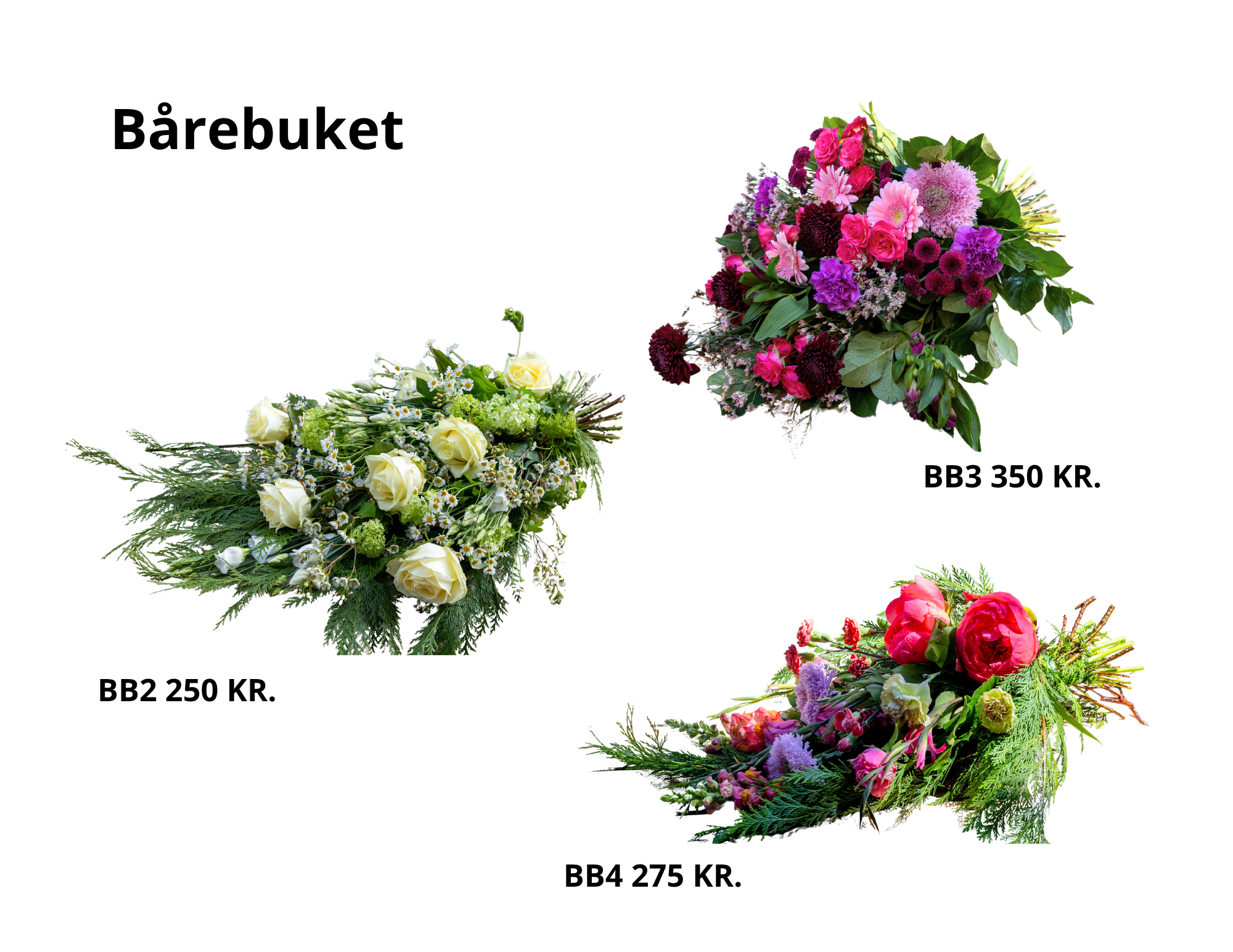 Blossom i Aarhus leverer stilfulde bårebuketter og båredekorationer i Højbjerg og omkring Kridthøj Torv. Vores sorgsbinderi omfatter kranse, hjerte og kistepynt i friske blomster.