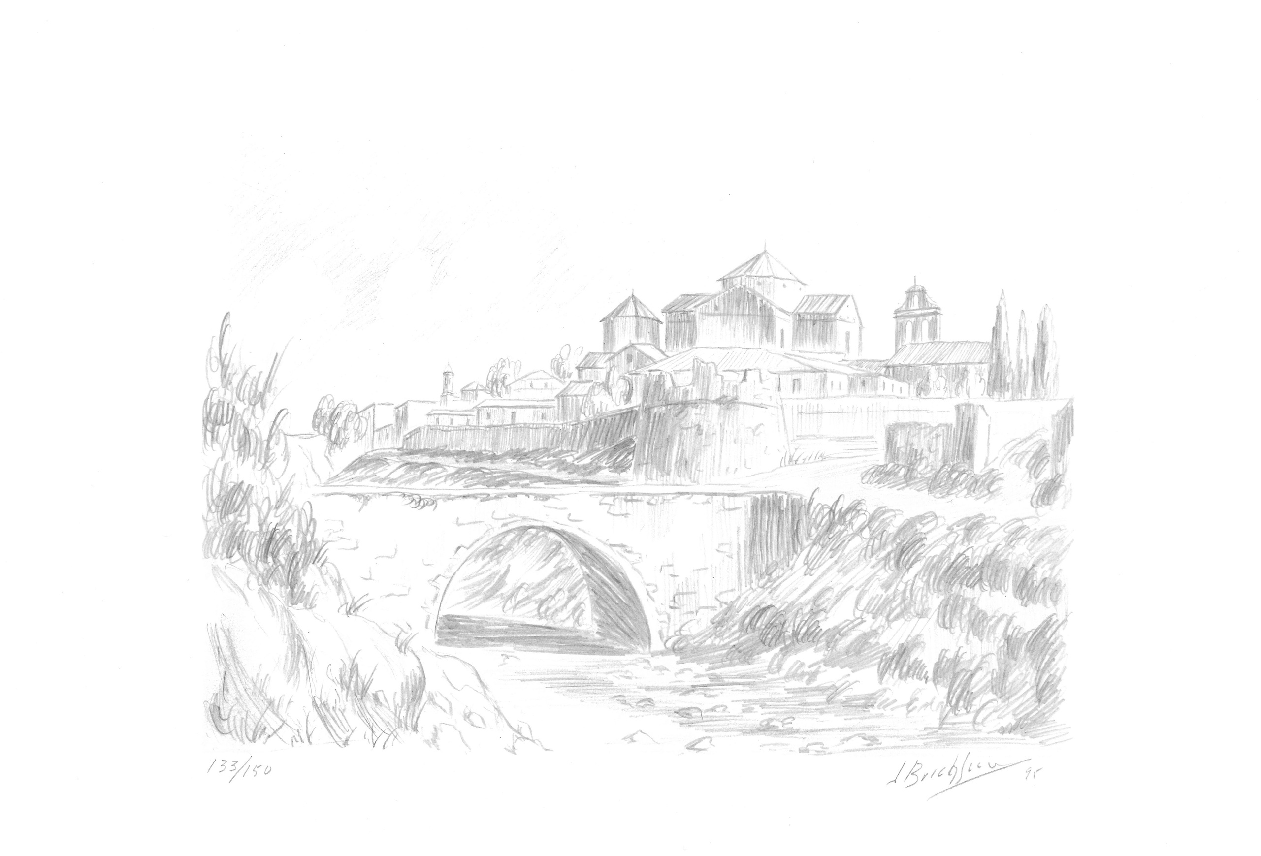 Jaume Brichfeus graphic lithograph bridge over the river forest and village