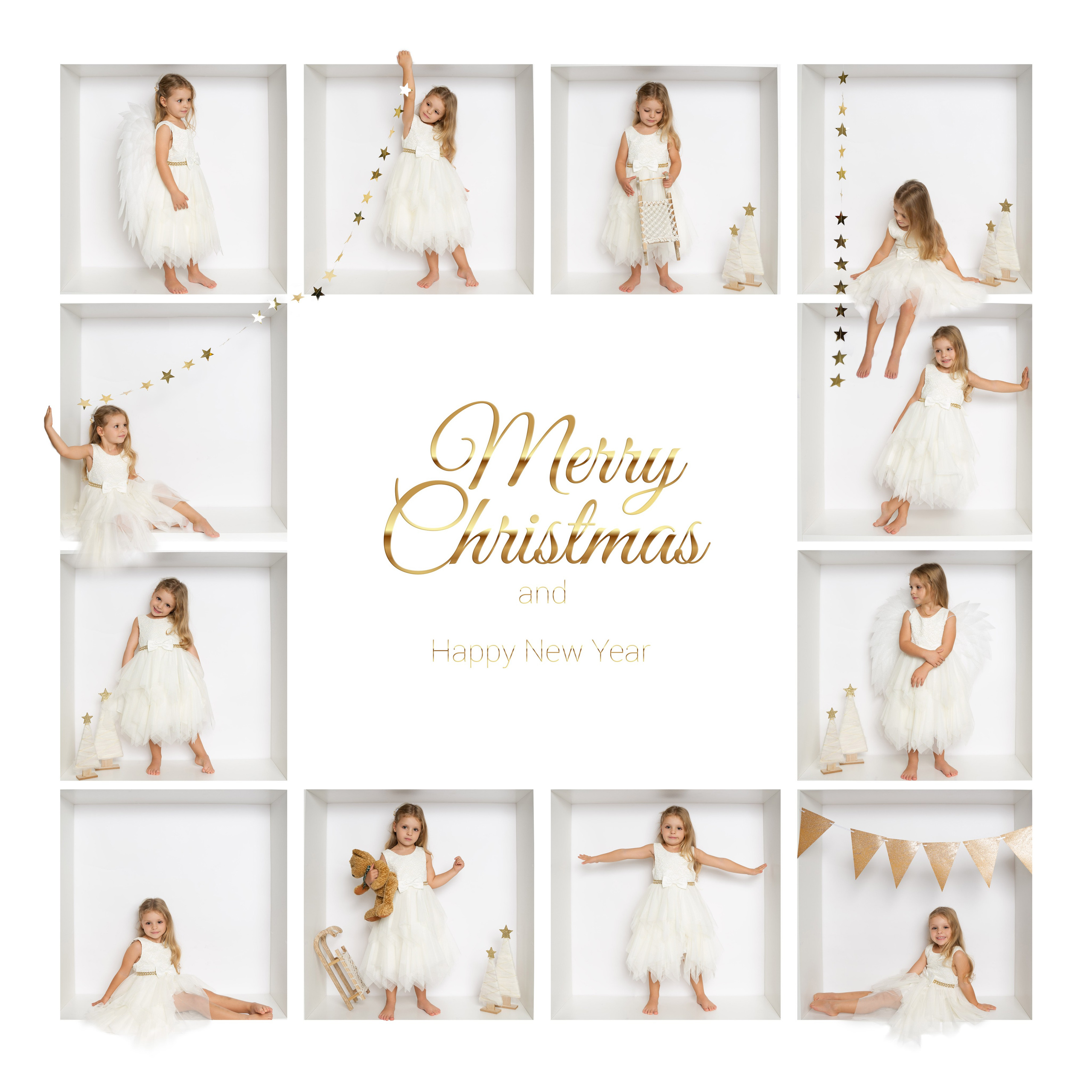 Kleines Mädchen im weißen Kleid auf einer Weihnachtskarte