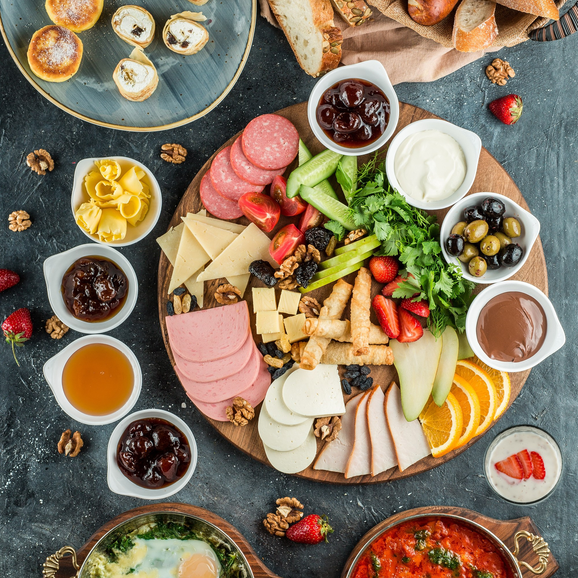 Breakfast food styling from above