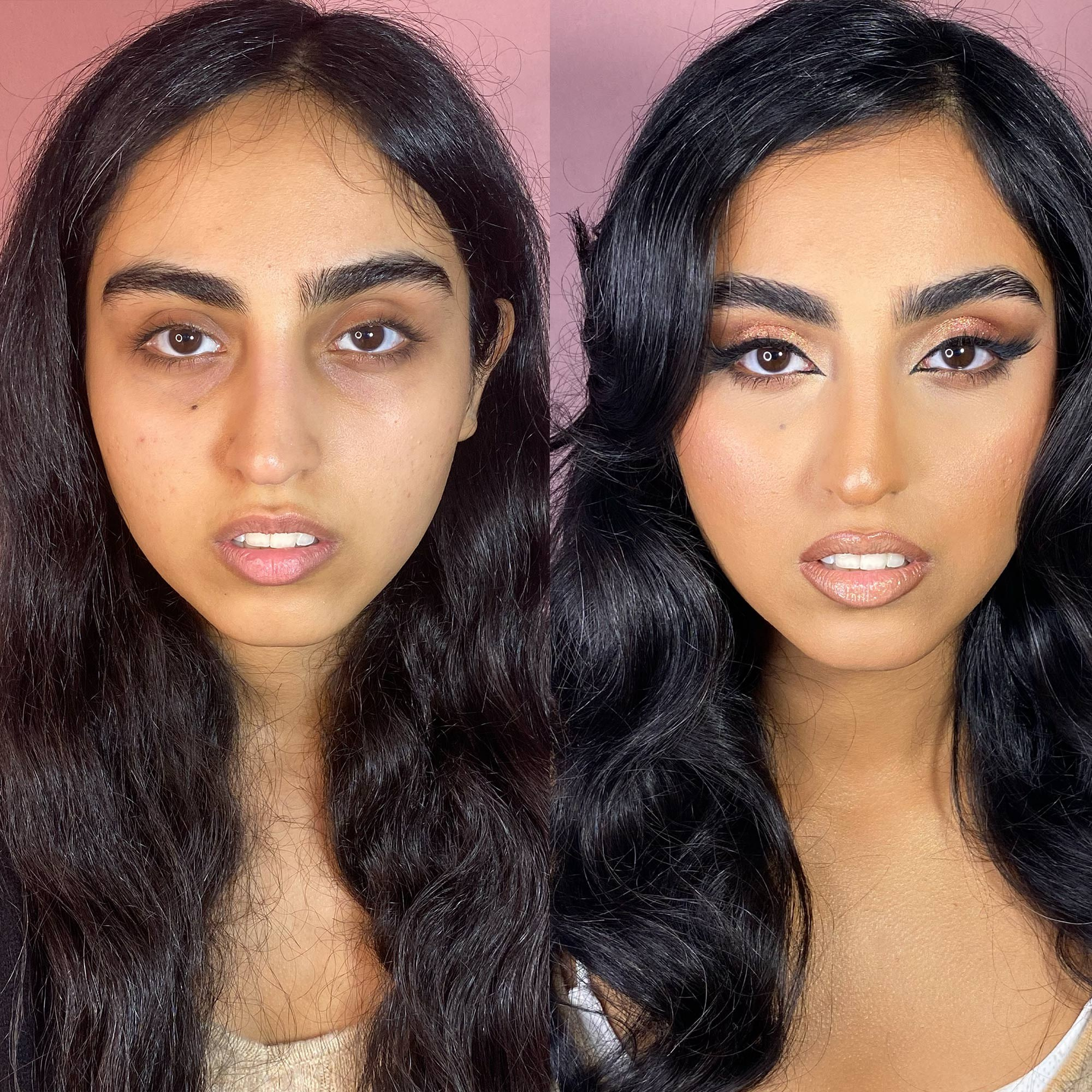 before and after makeup idea for a girl with long natural hairstyle in rome