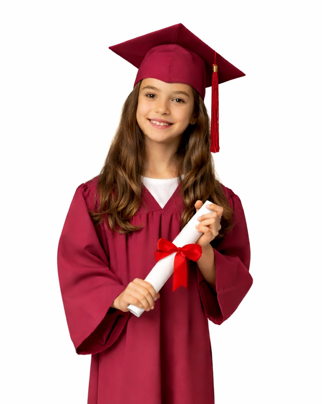 Детска тога и абсолвентска шапка за завършване на детска градина и предучилищна в цвят бордо