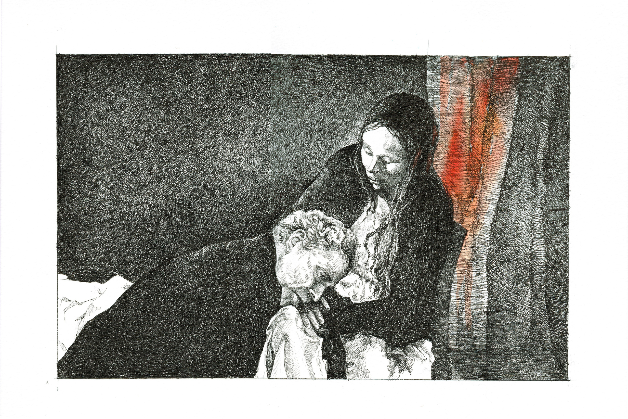 Artwork for Sale: A collection of pen and ink drawings by Natasha Bogomolova, depicting scenes from Andrei Tarkovsky's films. Each piece showcases a moment that deeply resonates with the artist, captured in a minimalist black and white style with a striking touch of red symbolizing transformation. These unique pieces, blending simplicity with emotional depth, are available for purchase, inviting viewers to own a part of Tarkovsky's cinematic legacy reinterpreted through the artist's lens