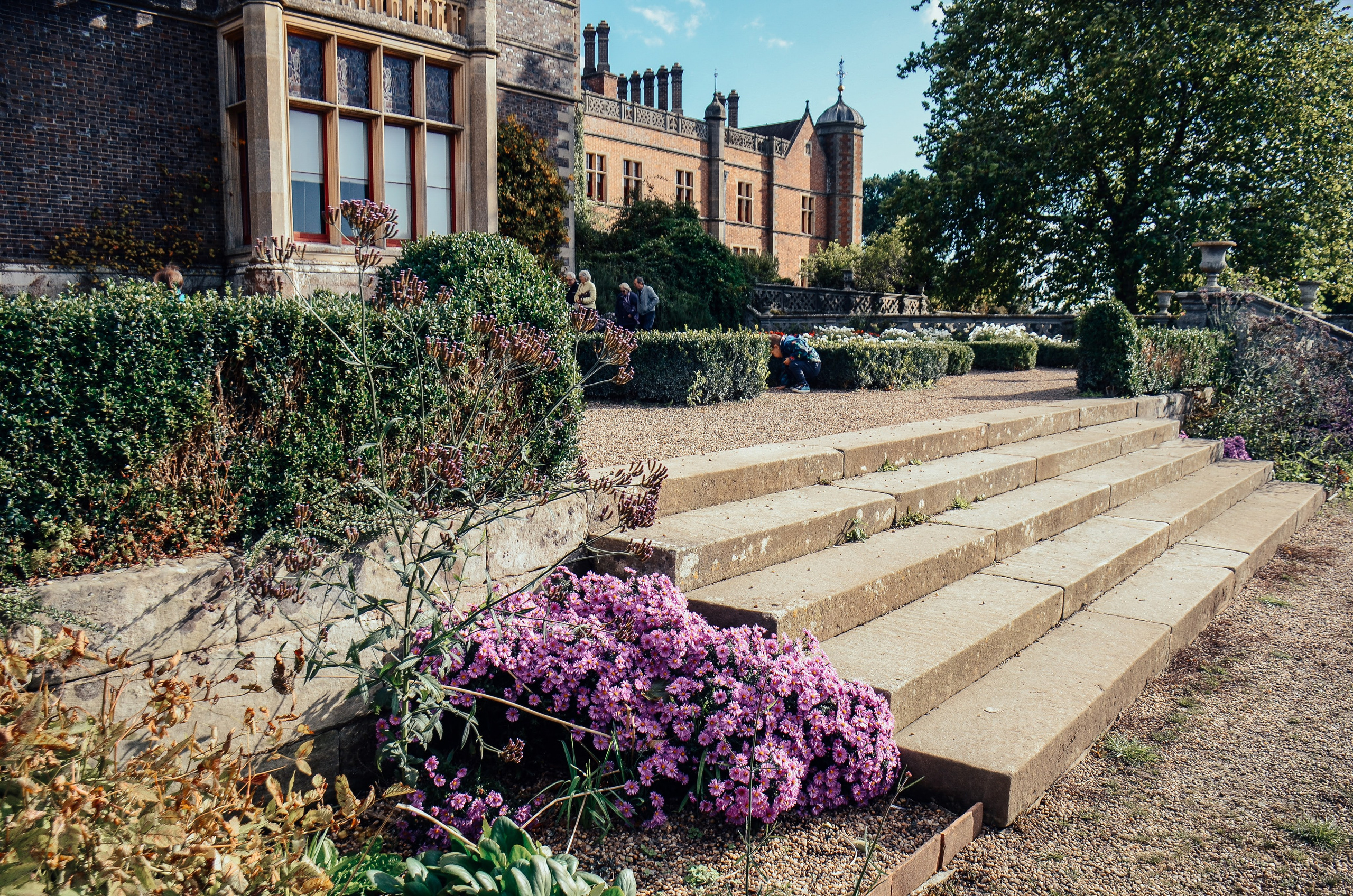 Historic building and garden steps at Charlecote Park near Stratford upon Avon, elegant countryside photography location in Warwickshire