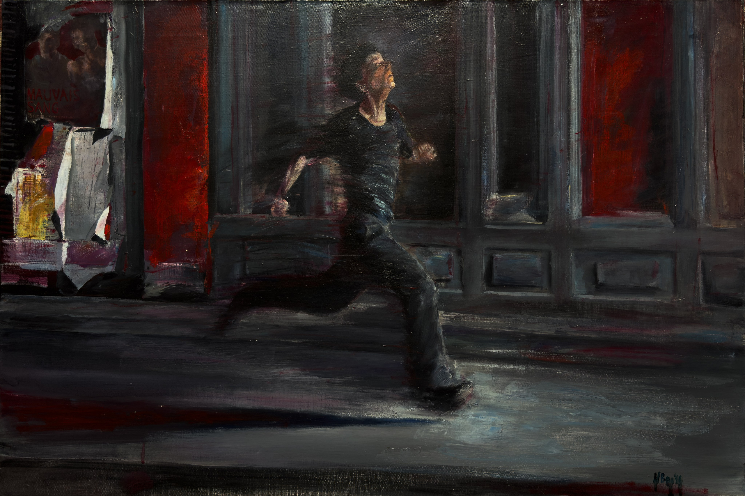 Oil painting on canvas, 90×60 cm, depicting a scene from Leos Carax’s film featuring the main character running to a David Bowie song. The painting vividly captures the dynamic motion and emotional intensity of the scene, with a focus on the expressive posture and surroundings of the protagonist. This artwork is available for sale.
