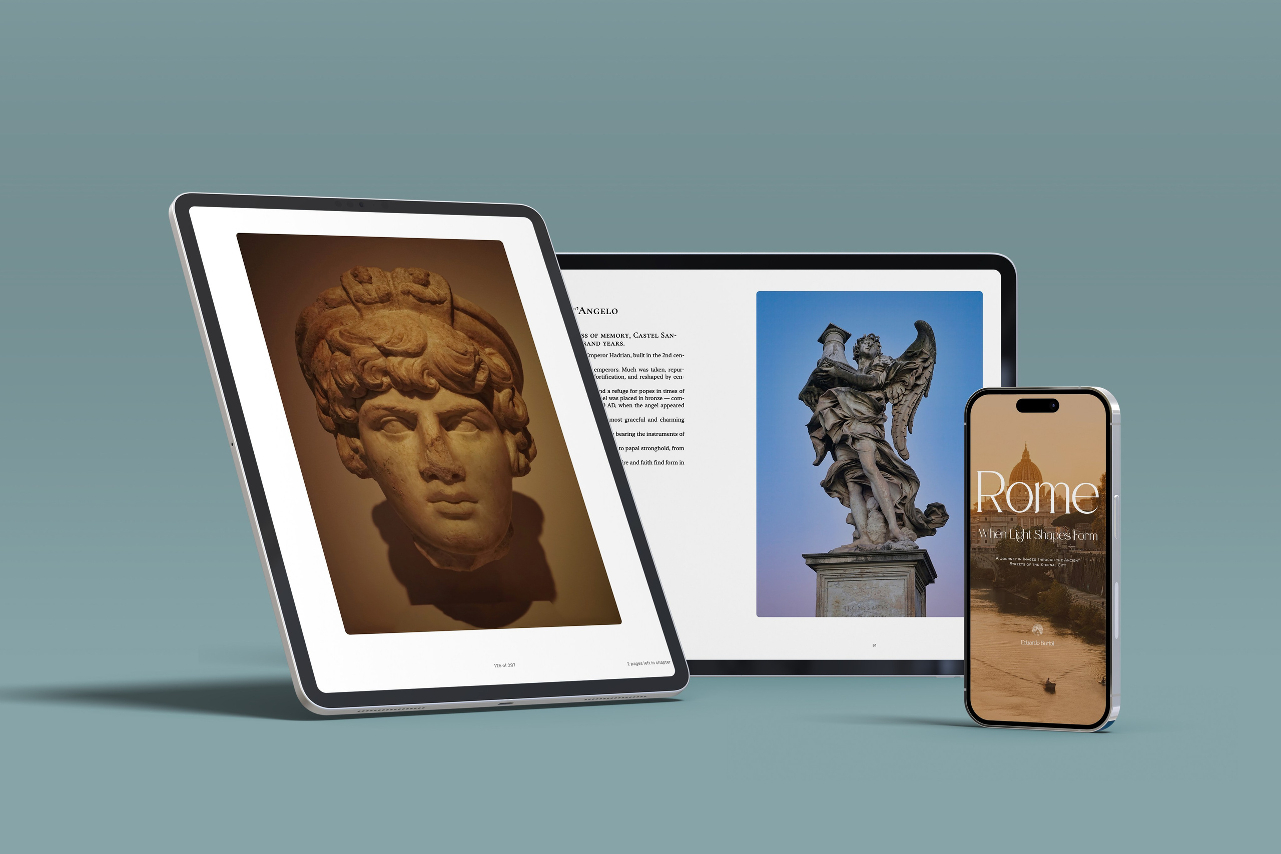 Rome, Italy – Photography Book – Rome — When Light Shapes Form – Digital photography book displayed on tablet and smartphone mockups, featuring interior pages with a classical Roman sculpture and Castel Sant'Angelo, alongside the book cover depicting St. Peter's Basilica and the Tiber River at sunset – Eduardo Bartoli Photography