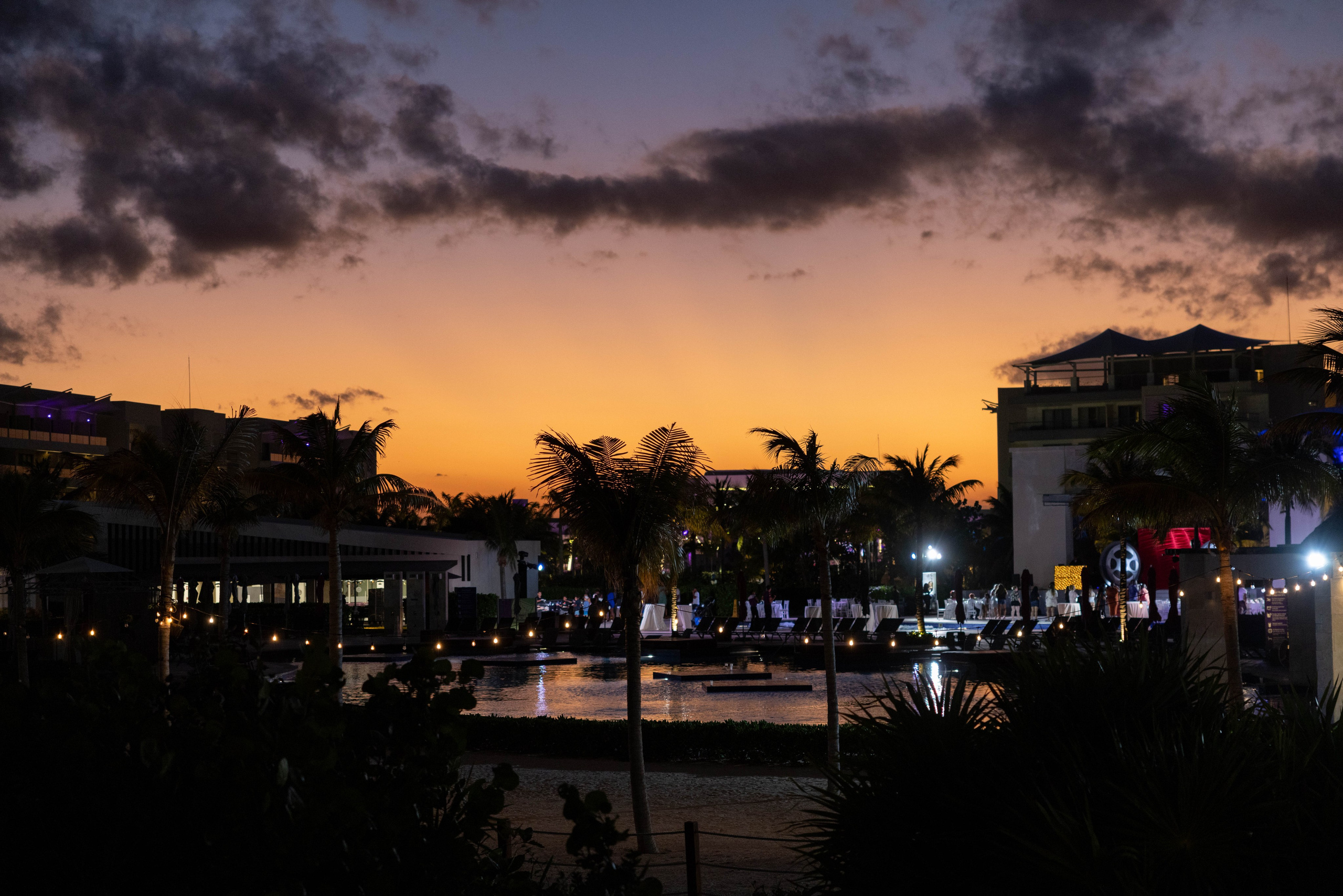 Romantic sunset view at Planet Hollywood resort, perfect backdrop for wedding photos.