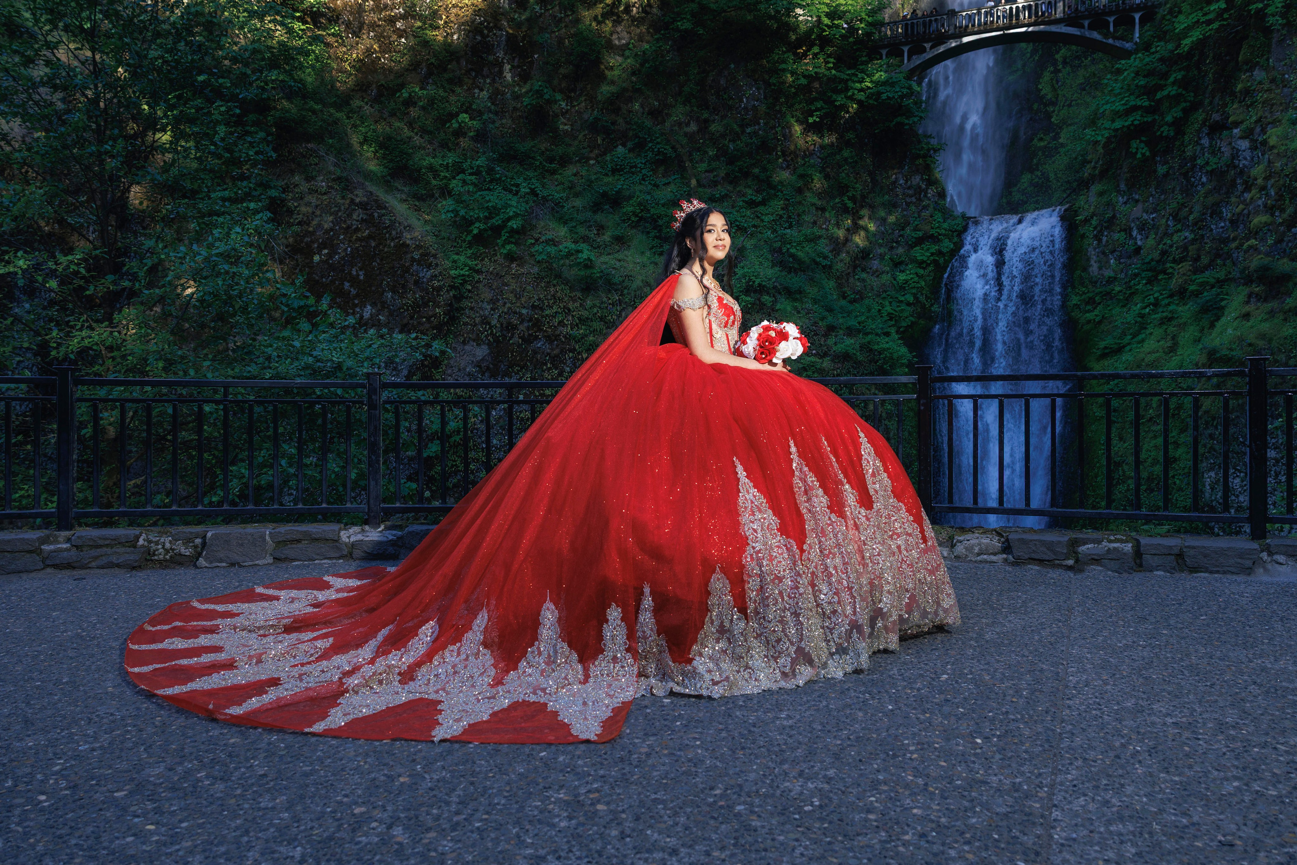 Quinceañera portrait at Multnomah Falls in Oregon