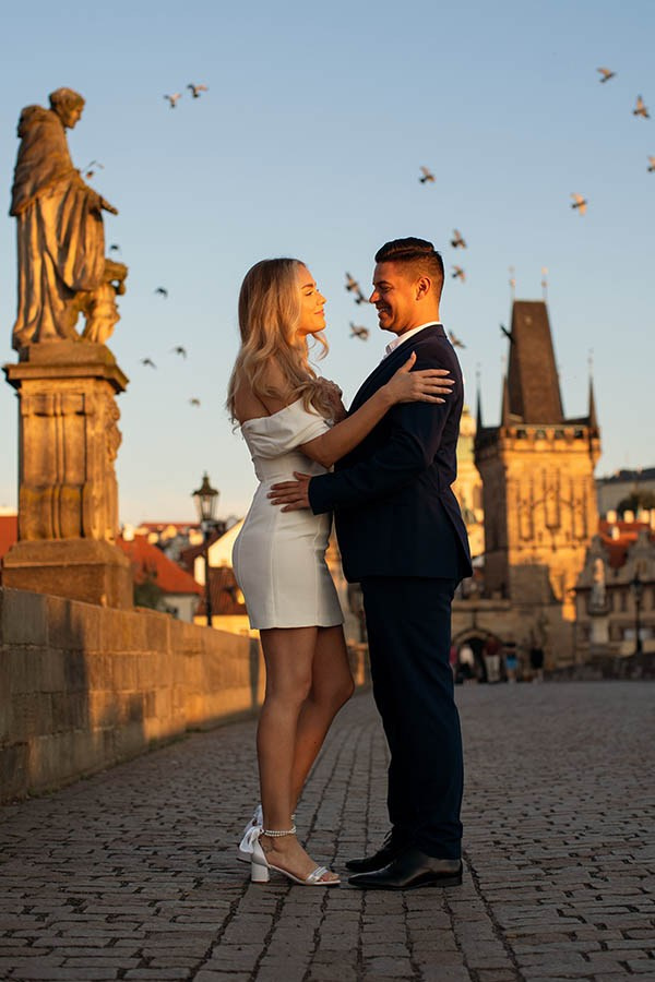 Vltava Riverbank Sunrise Engagement Photos Prague
