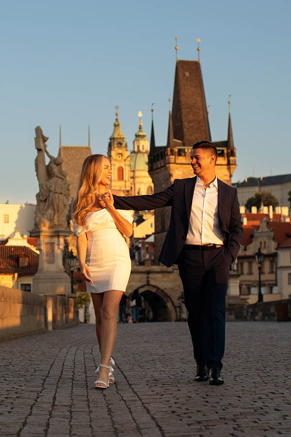 Vltava Riverbank Sunrise Engagement Photos Prague
