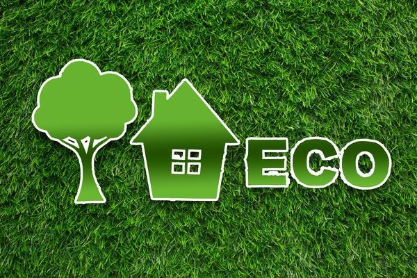 Картинка, демонстрирующая применение экологически чистых материалов - иконка дерева, дома, надпись Eco — на фоне зеленой травы.