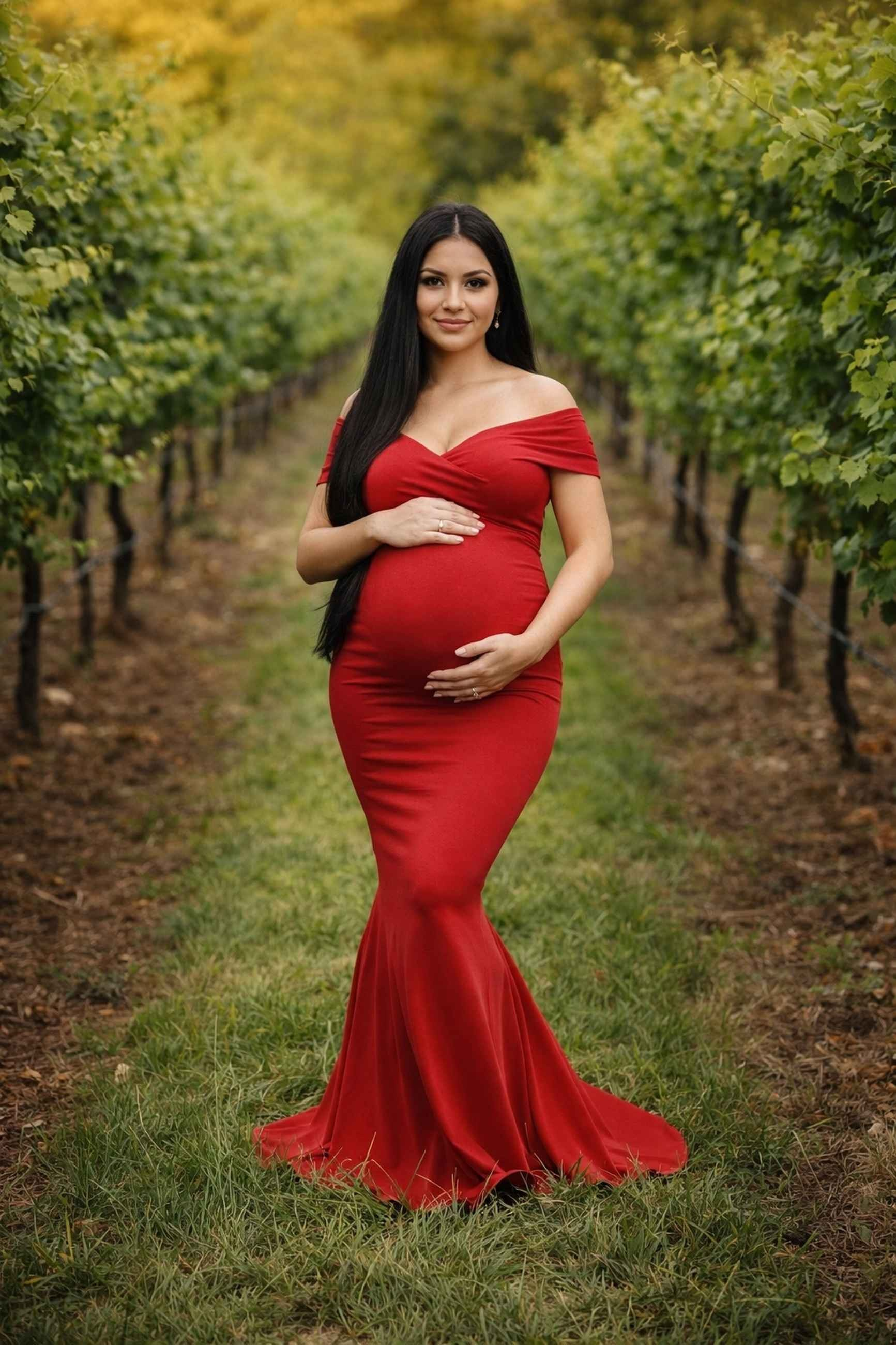 Фотосессия для беременных в красном платье на улице