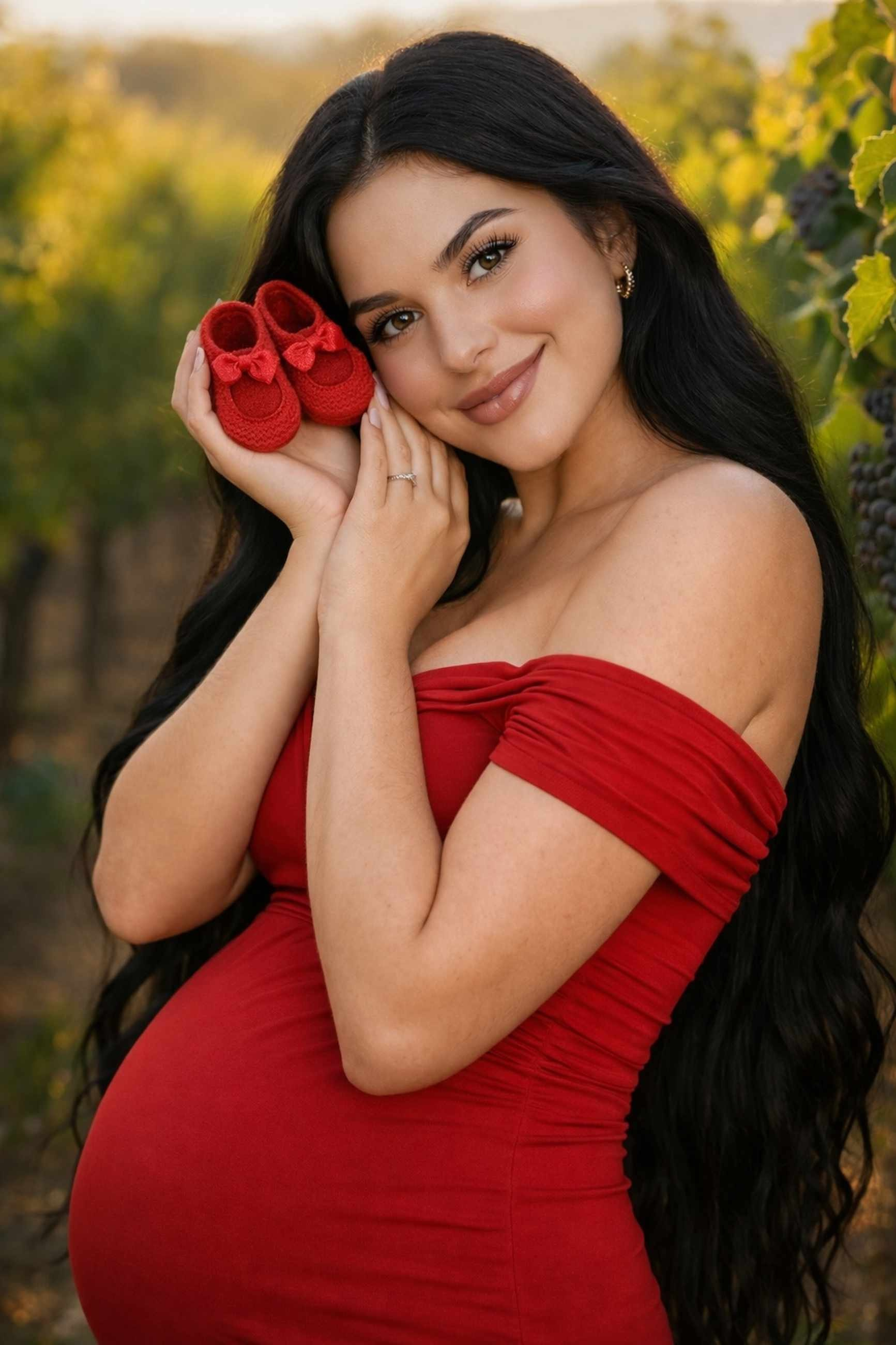 Фотосессия для беременных в Пловдиве девушка в красном платье с цветком