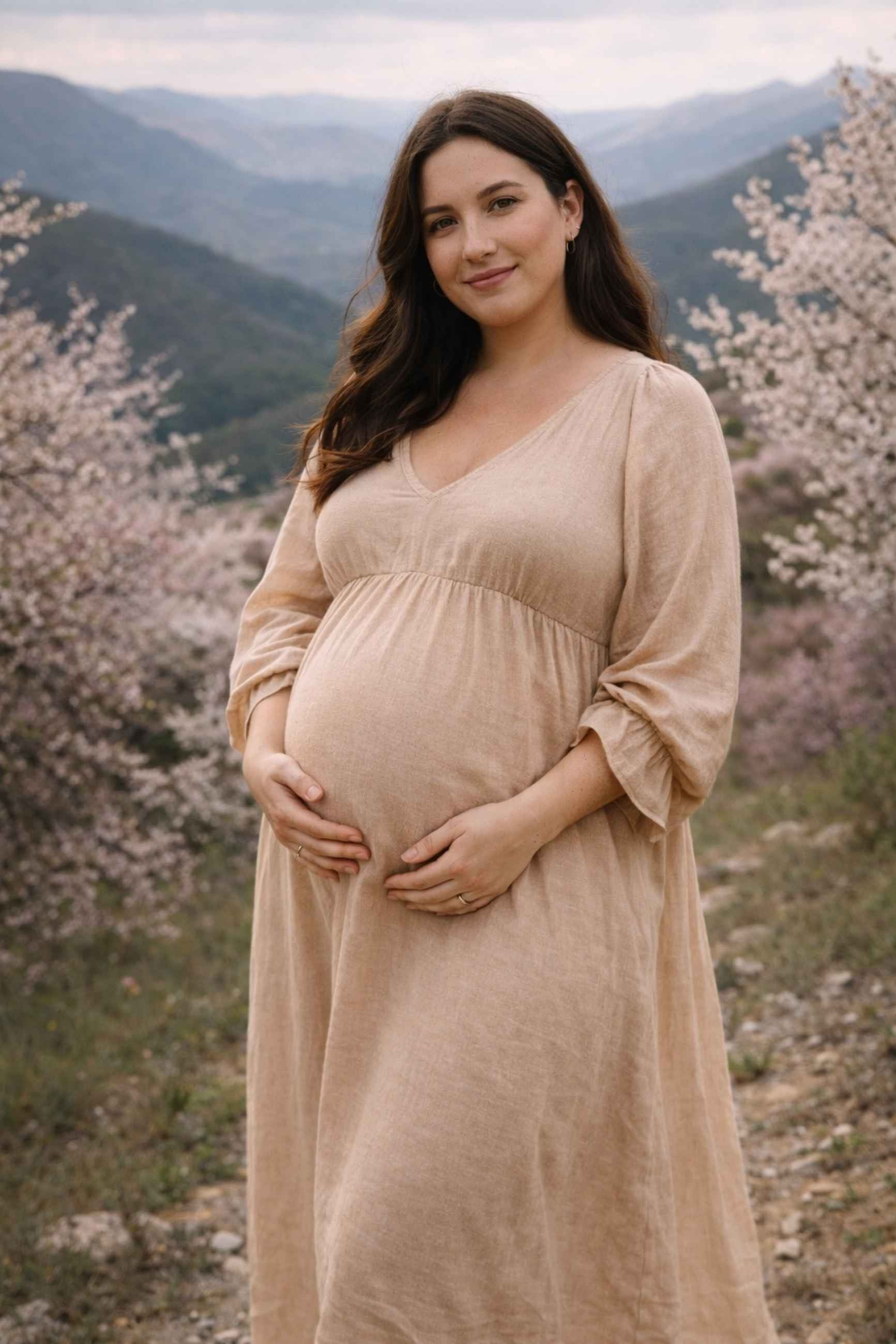 Фотосессия для беременных в горах Пловдив бежевое платье
