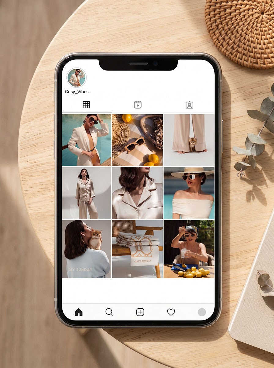Instagram profile grid mockup for an Italian luxury lifestyle fashion brand, editorial feed featuring silk loungewear, summer fashion styling, accessories flat lays and brand identity content. Content strategy and visual direction by Hanna Baranava, SMM specialist Dubai.