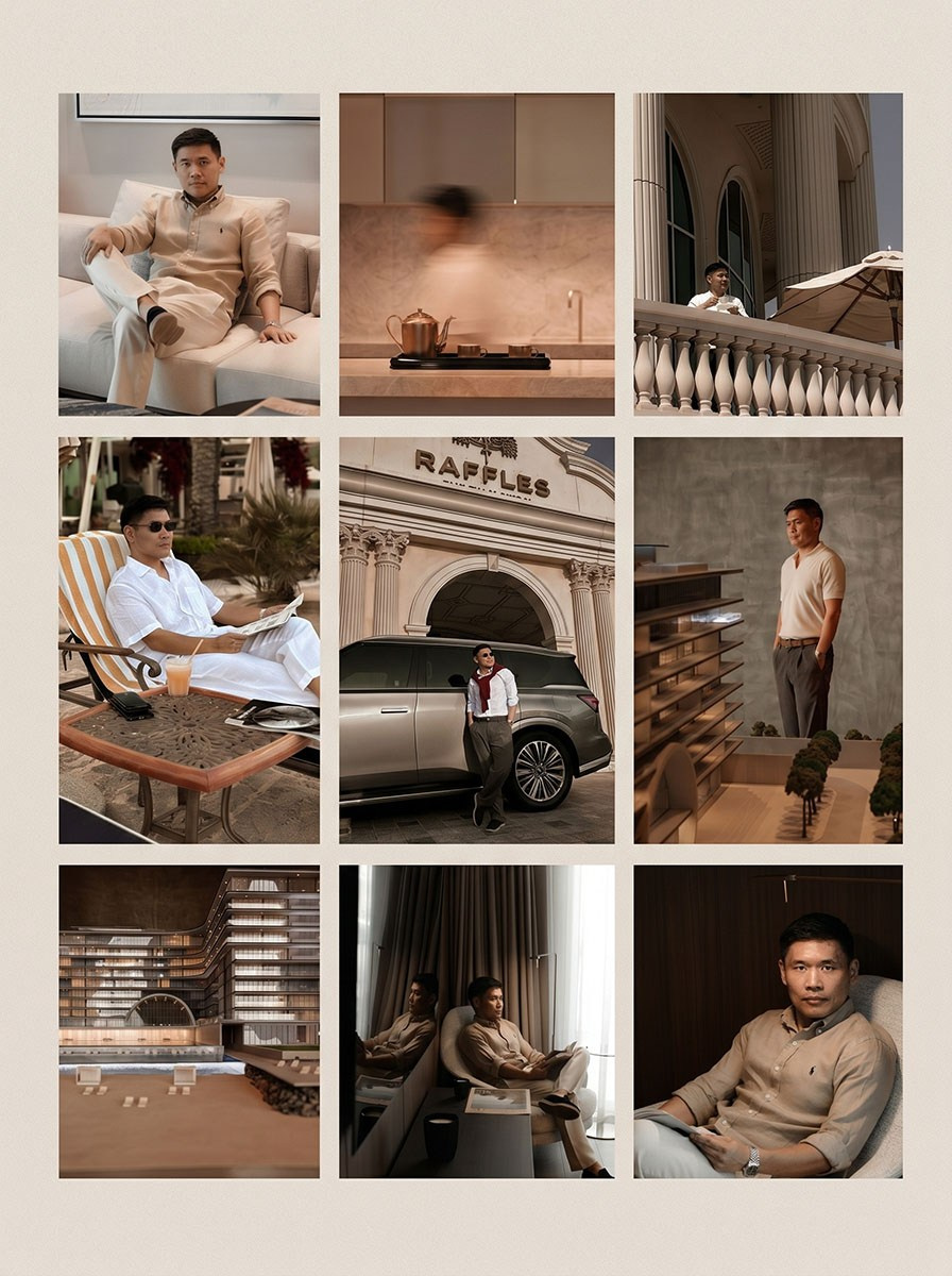 Instagram grid mockup for a luxury real estate agent based on Palm Jumeirah, Dubai, personal brand feed featuring lifestyle portraits, architectural property visuals, five-star hotel locations including Raffles Dubai and cinematic editorial photography. Personal brand content strategy and visual direction by Hanna Baranava, SMM specialist Dubai.