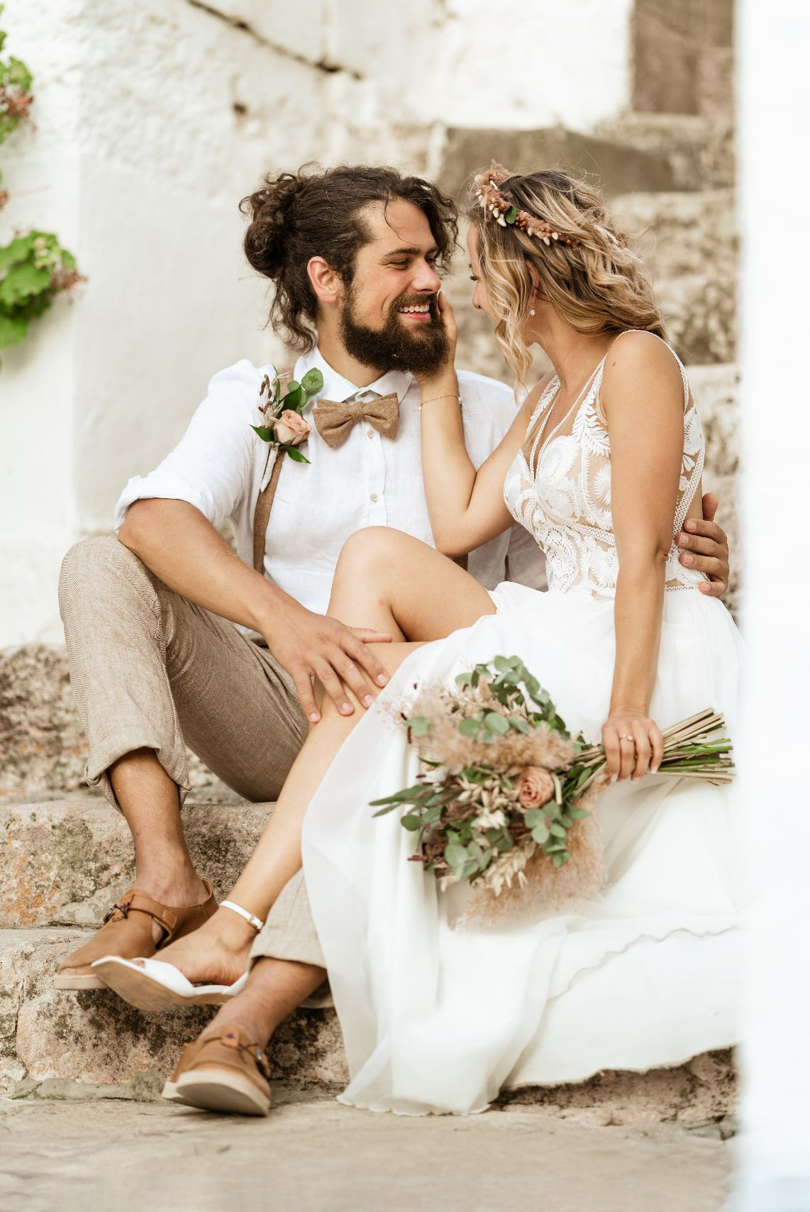 Wedding in Rhodes: Couple in love during their after-wedding photo shoot in a Mediterranean setting