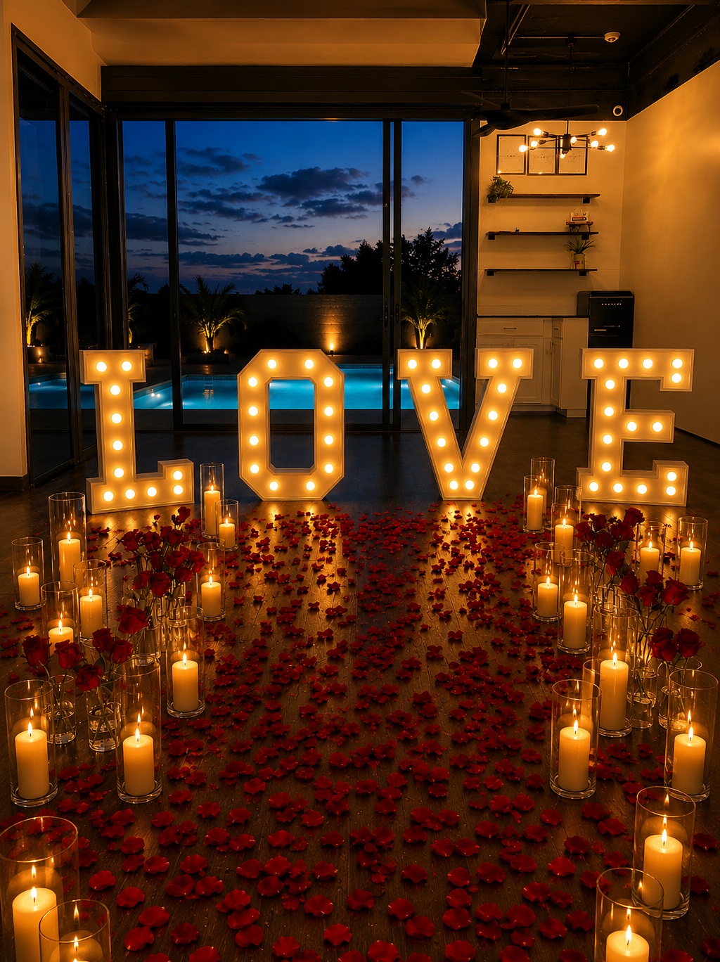 Luxury villa proposal setup in Koh Samui with ocean view and romantic candlelight.
