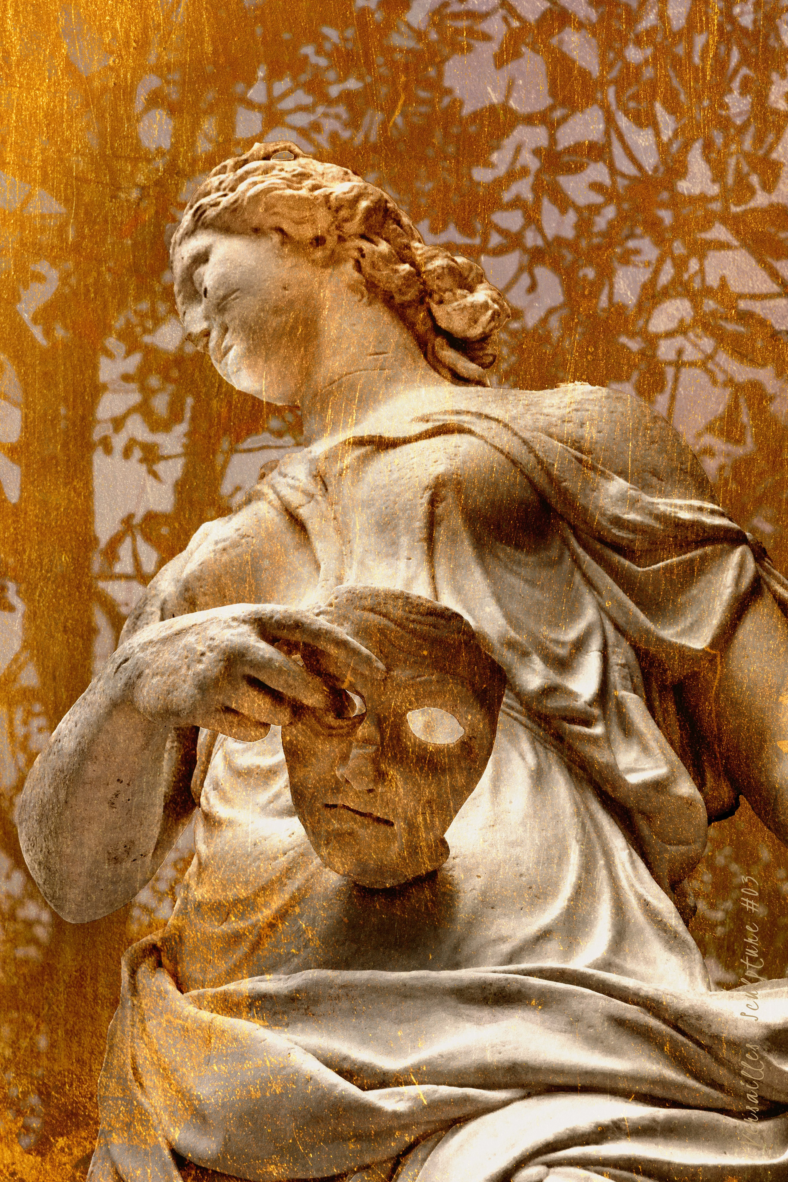 Sale collection of Versailles Park statues photographs in golden, oxidized daguerreotype style. Rich golden hues and deep patina blend historical elegance with modern artistry, ideal for sophisticated interior decor showcasing refined taste and innovation.