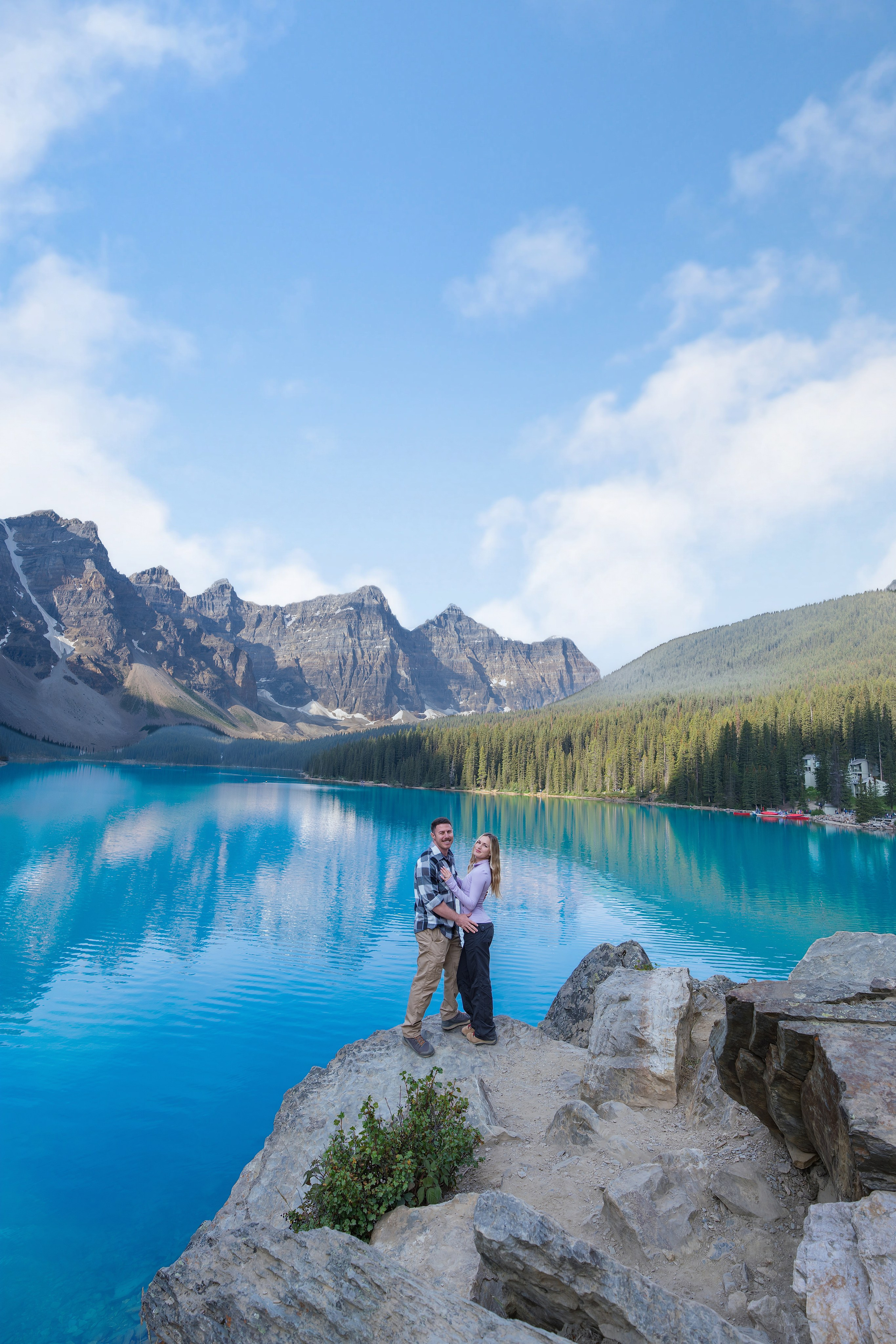 Photo session on the rockpile overlooking Moraine Lake, Banff National Park