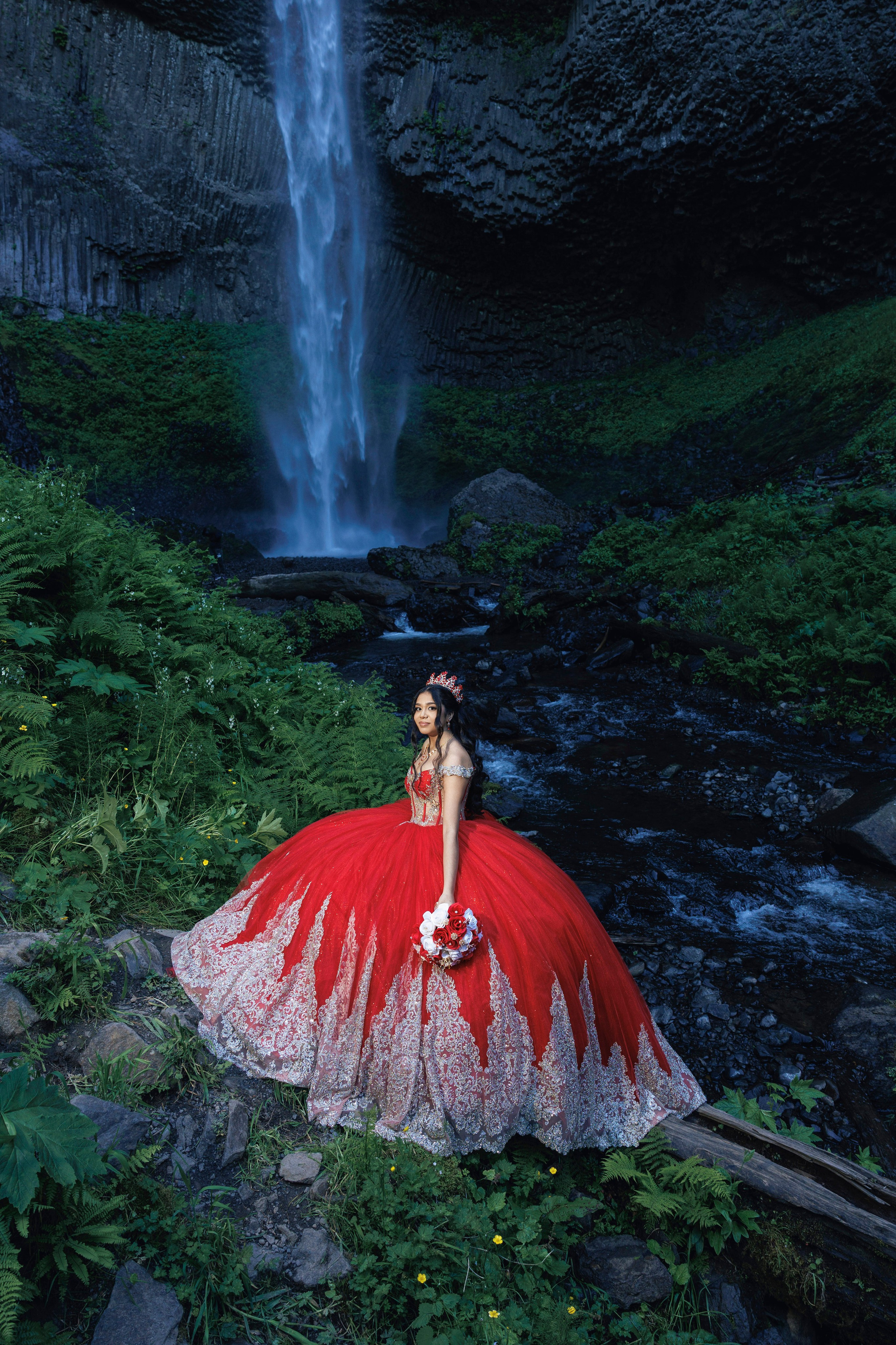 Quinceañera dress portrait in the Columbia Gorge