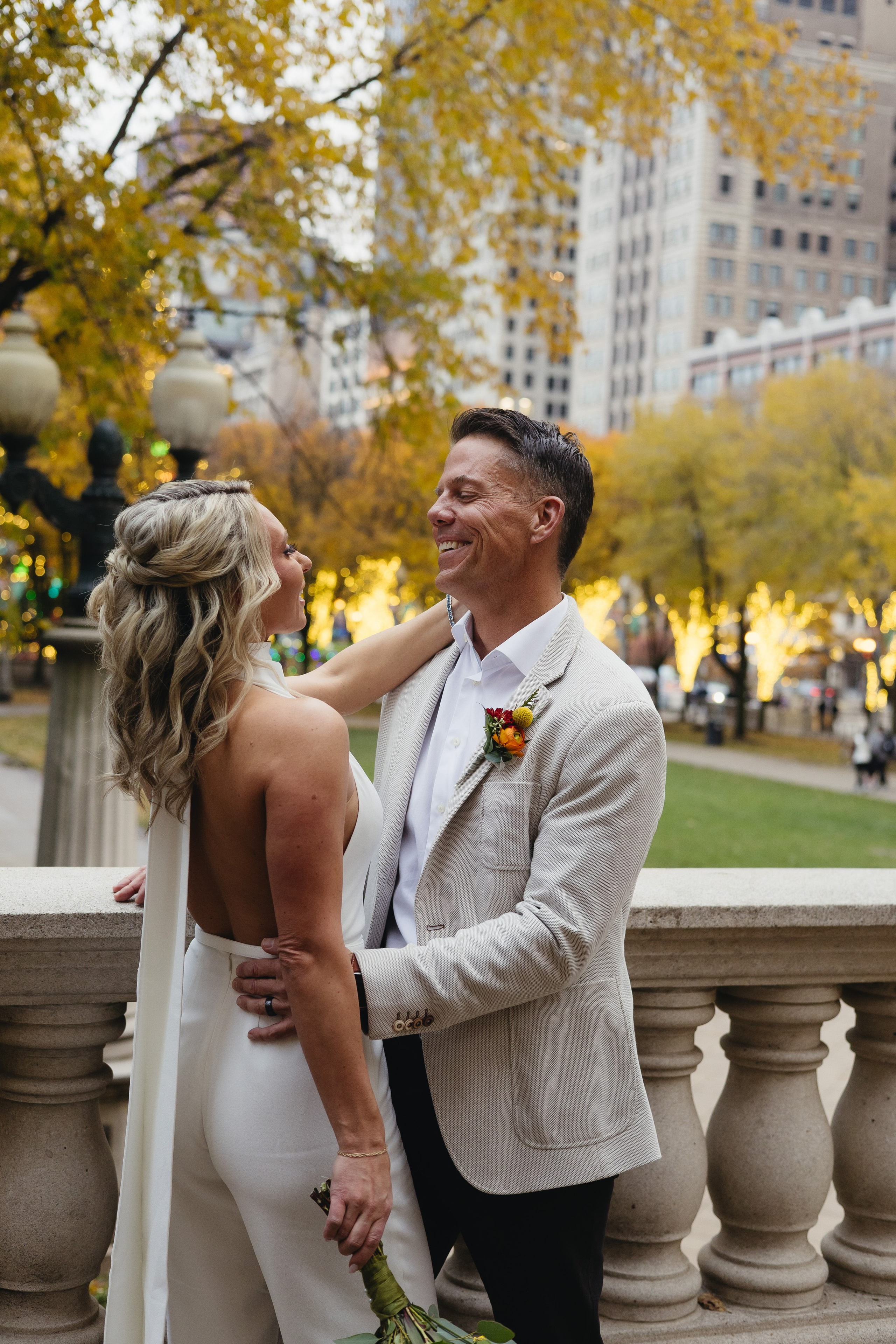 Happy couple smiling at each other during their Chicago elopement in Millennium Park