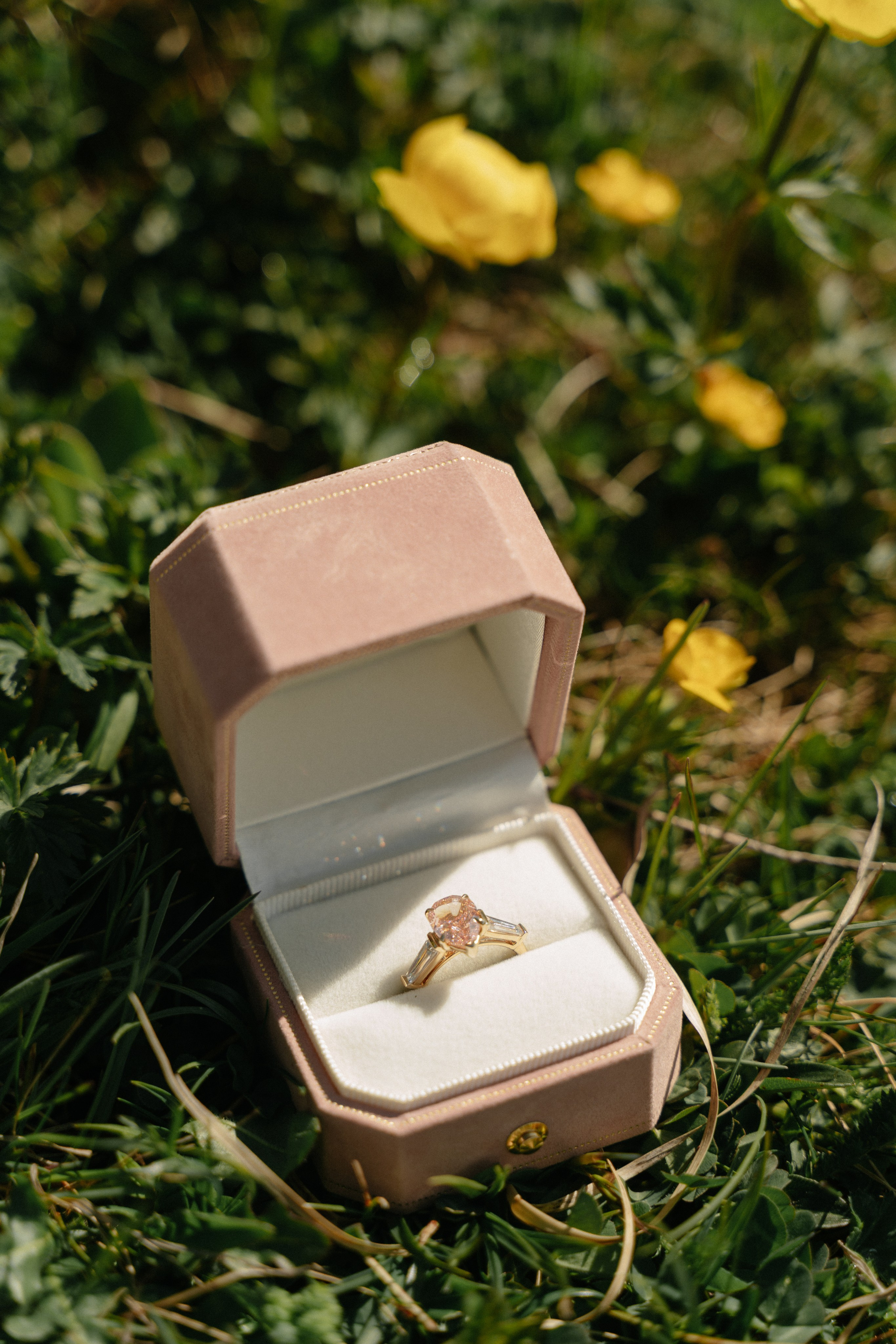 Engagement ring in box during Dolomites marriage proposal, romantic detail photography in Italy