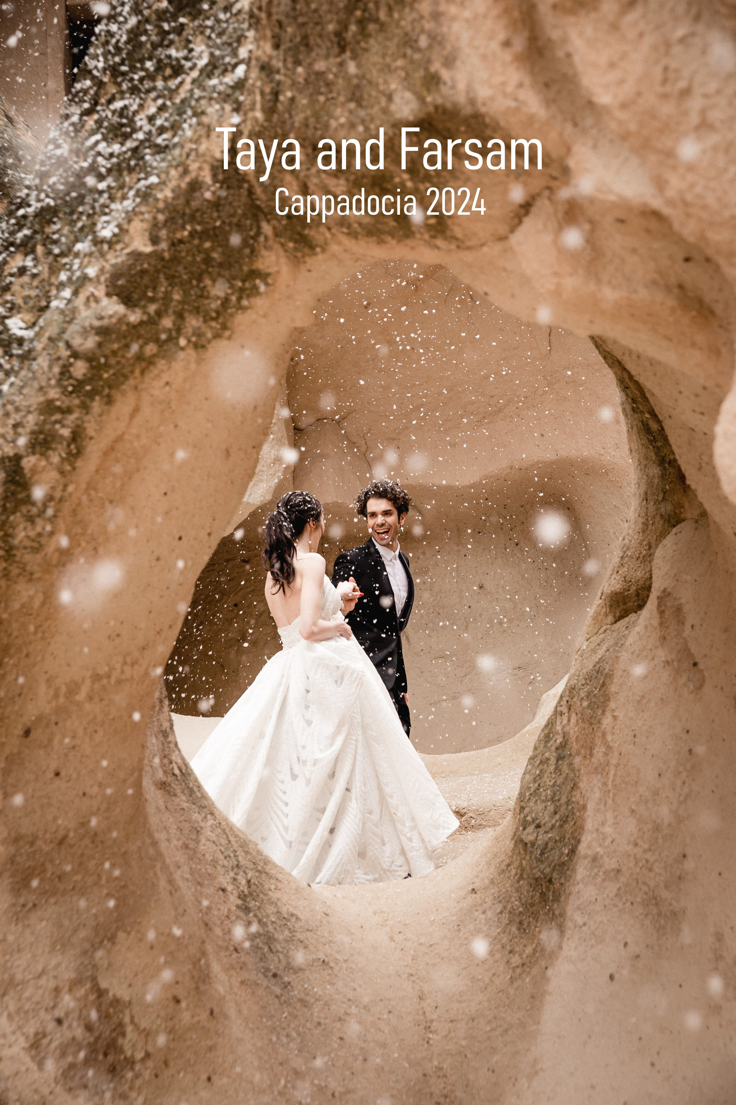 Snowy wedding photoshoot in Cappadocia caves, beautiful couple surrounded by magical winter scenery