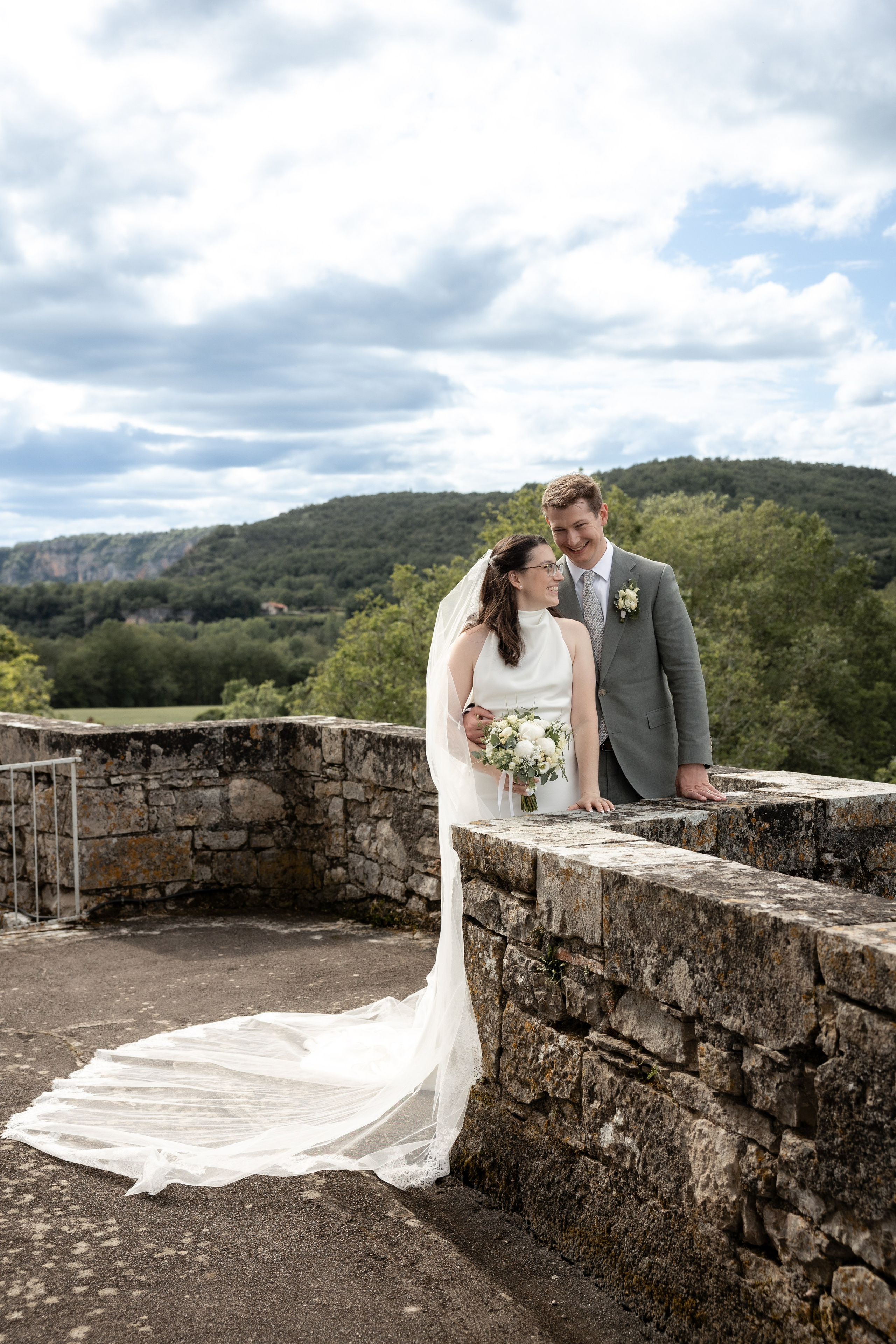 Romantic château balcony portrait during an intimate elopement in South West France