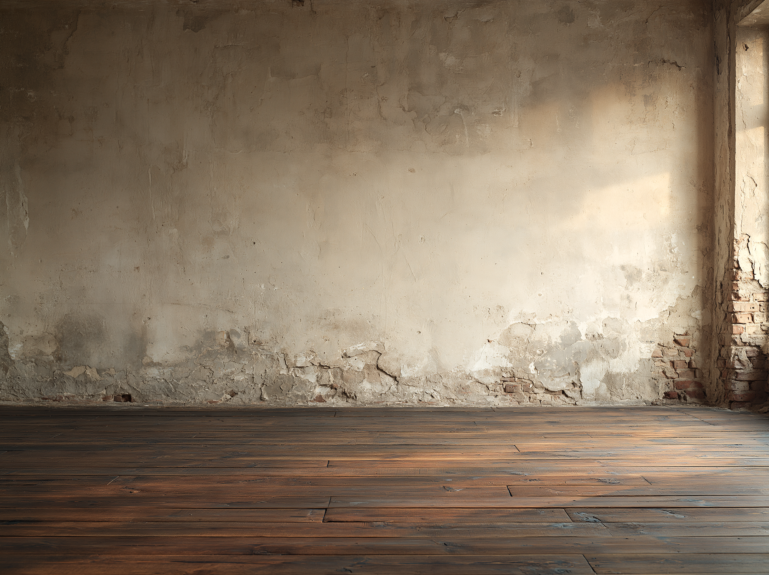 a weathered, textured wall in muted beige and gray tones with visible plaster or concrete imperfections, The floor beneath is dark, polished wood. The overall lighting is warm and dim, creating soft shadows across the background