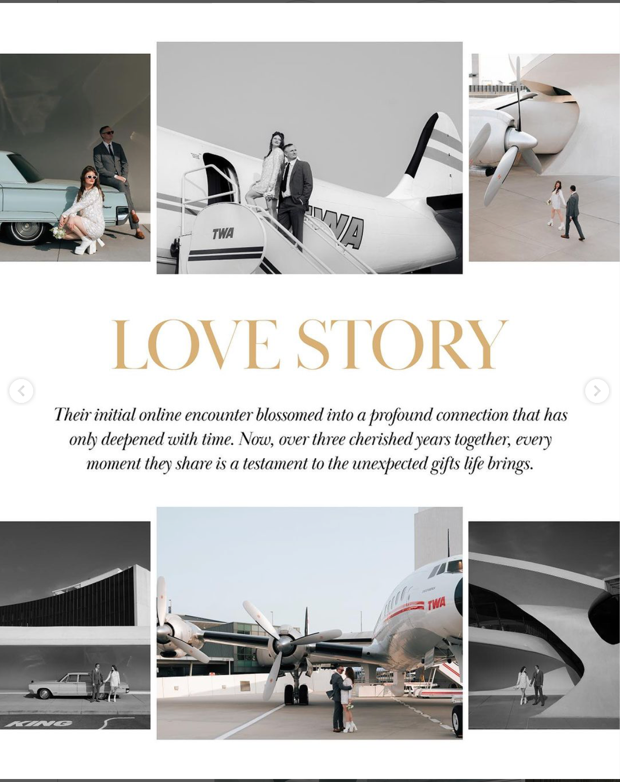 a col of photos of a woman in a white dress and a plane