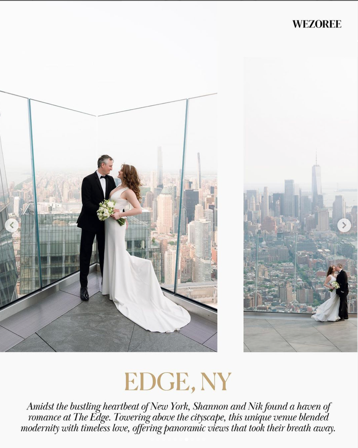 a bride and groom on the top of the empire building in new york