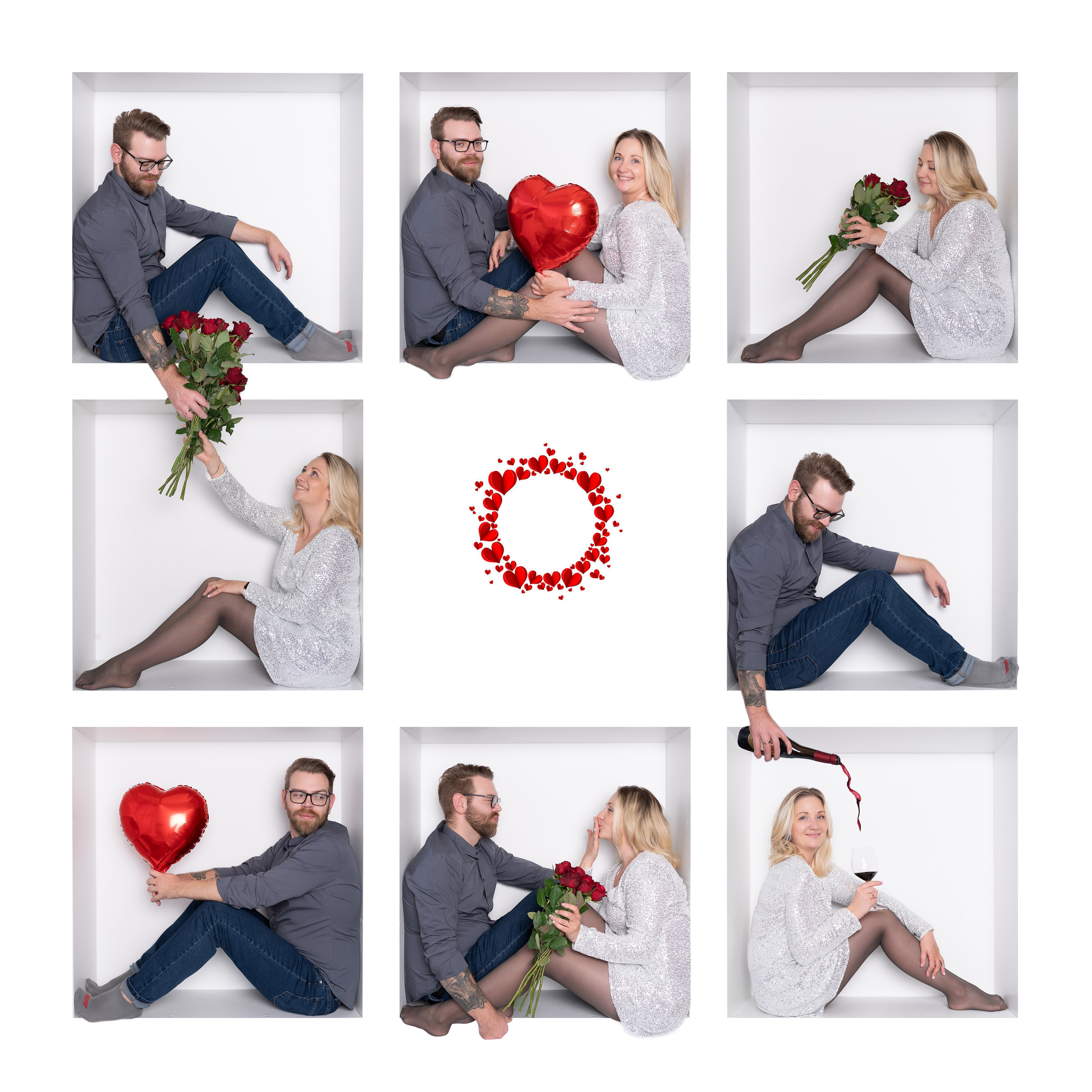Kreatives Foto in quadratischen Boxen zum Valentinstag