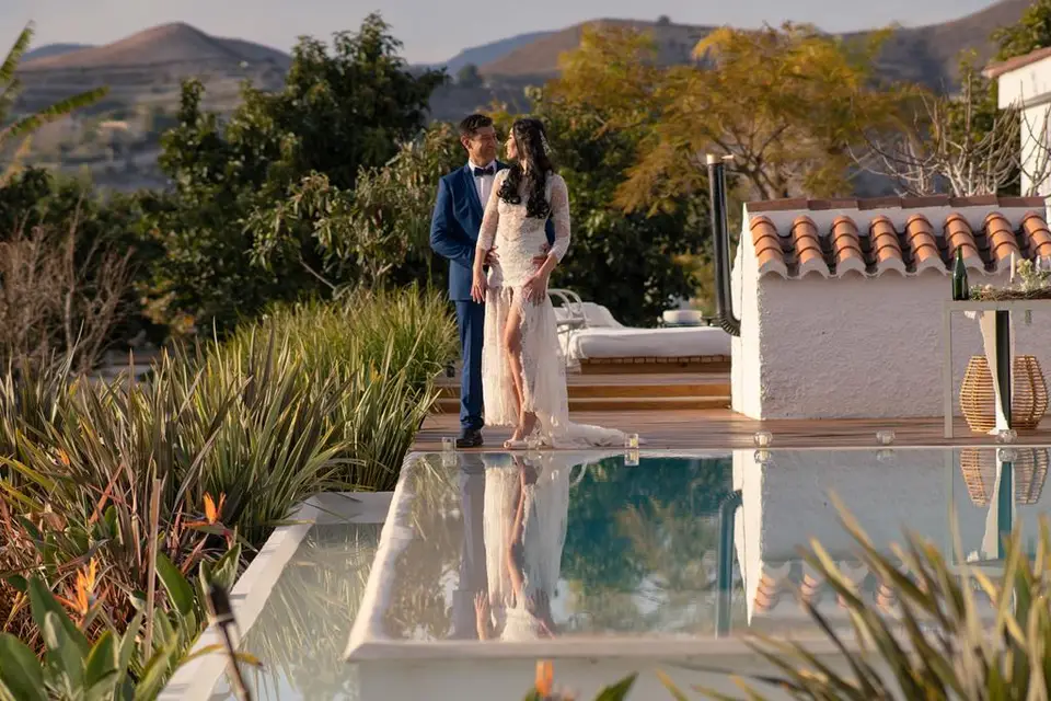 Bride and groom photos at the private villa by the pool