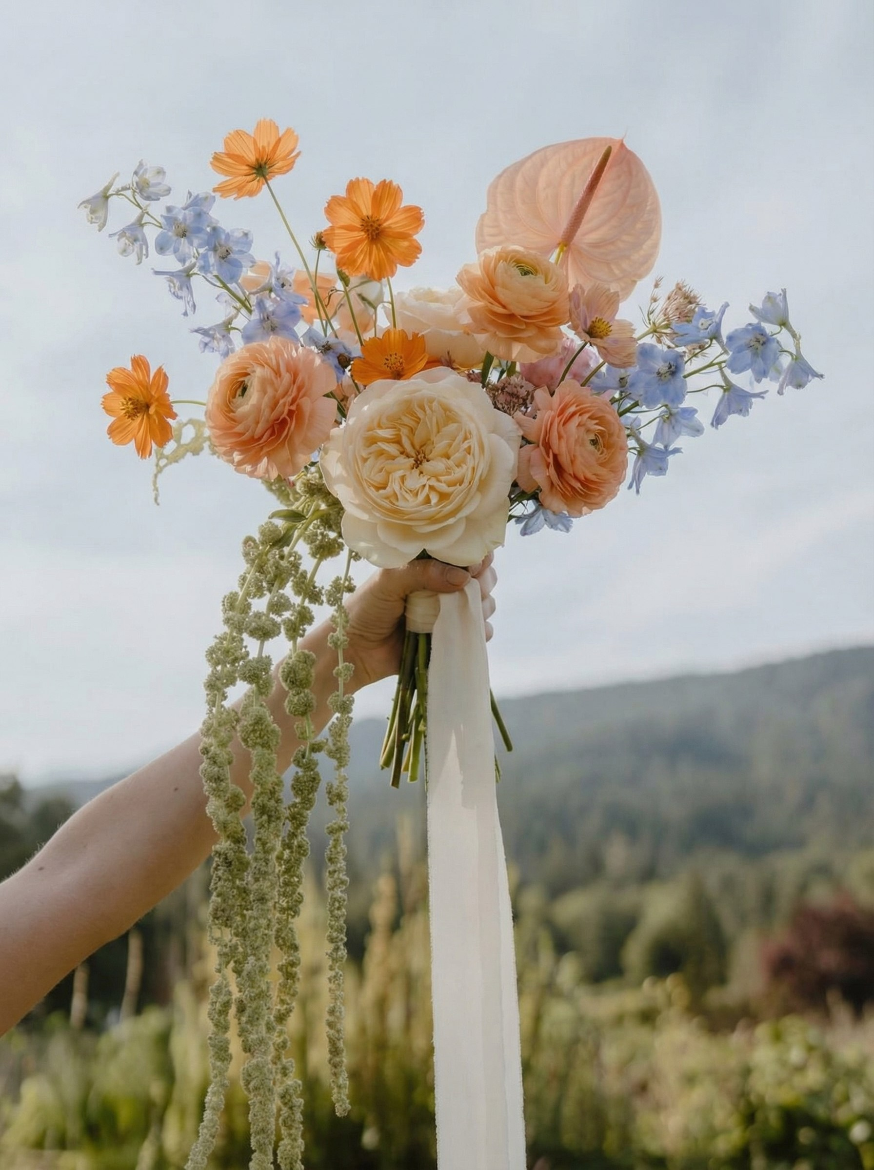 Boho Brautstrauß mit wilden Blumen und Gräsern