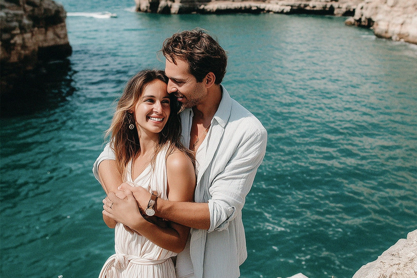 A couple embracing on the rocky seaside with turquoise waters in Polignano a Mare.