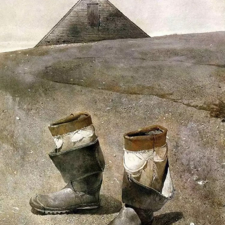 A painting titled "Sea Boots" was created by the American artist Andrew Wyeth in 1976. пара старых сапог на фоне сельского пейзажа в штате Мэн, минималистичная реалистическая живопись, американский регионализм, сельская Америка XX века, символ одиночества и повседневной жизни, известная картина Эндрю Уайета.