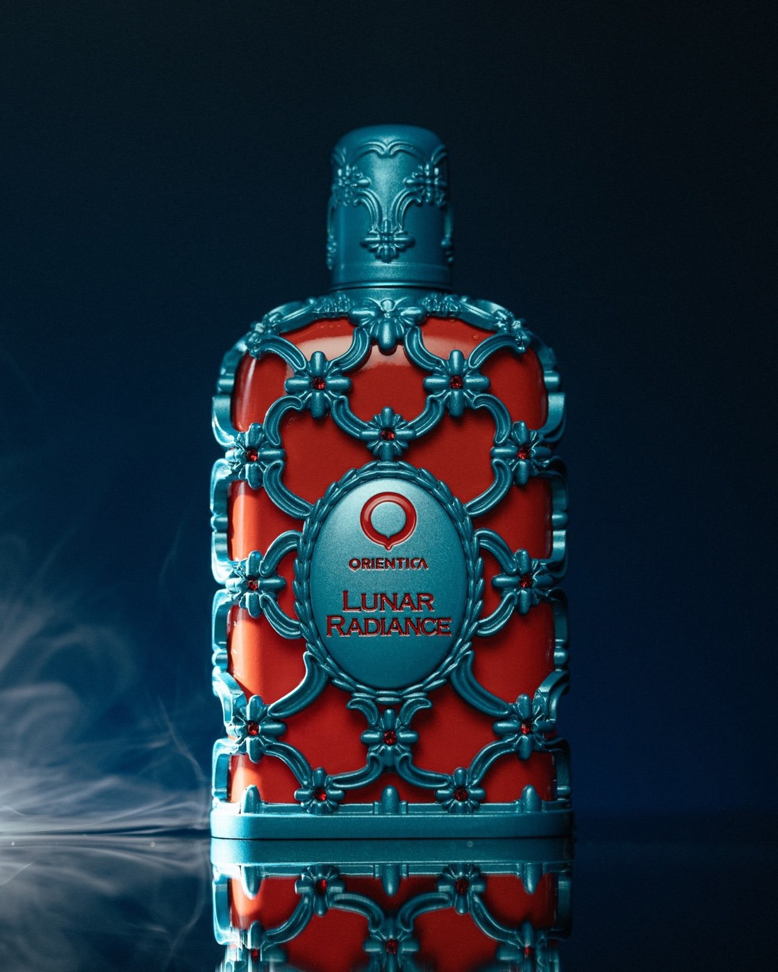 Perfume product photographed with dramatic lighting during a professional studio production in Dubai