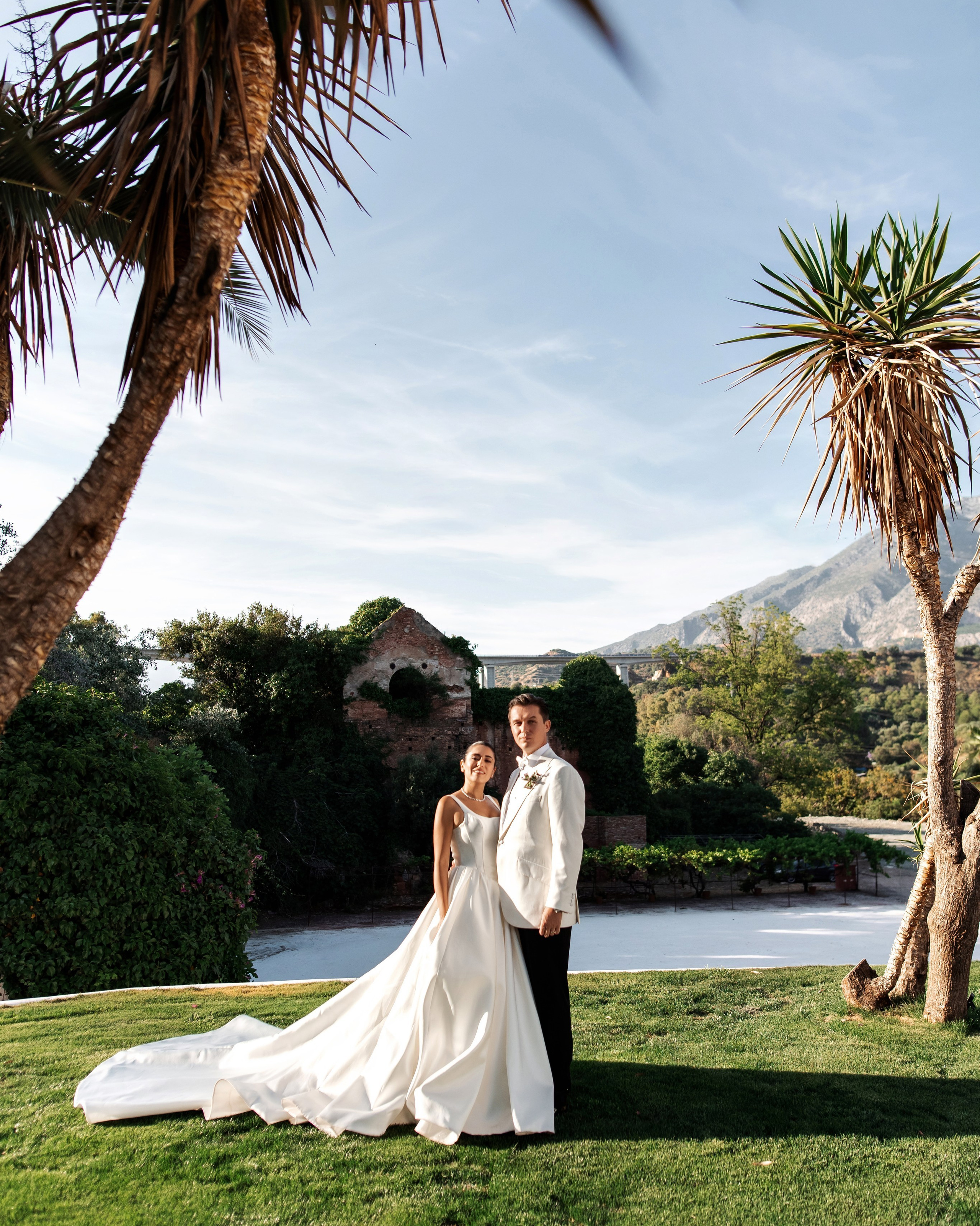 Romantic bride and groom portrait at a luxury European wedding venue