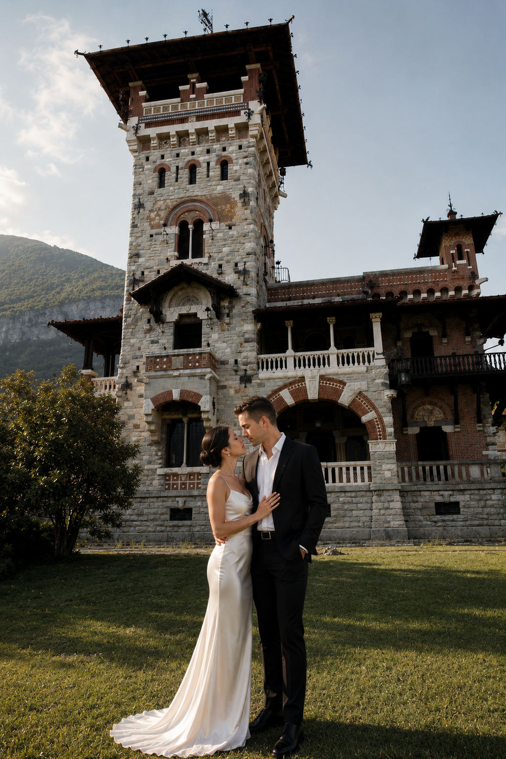 Editorial wedding couple at a historic Lake Como villa in Italy