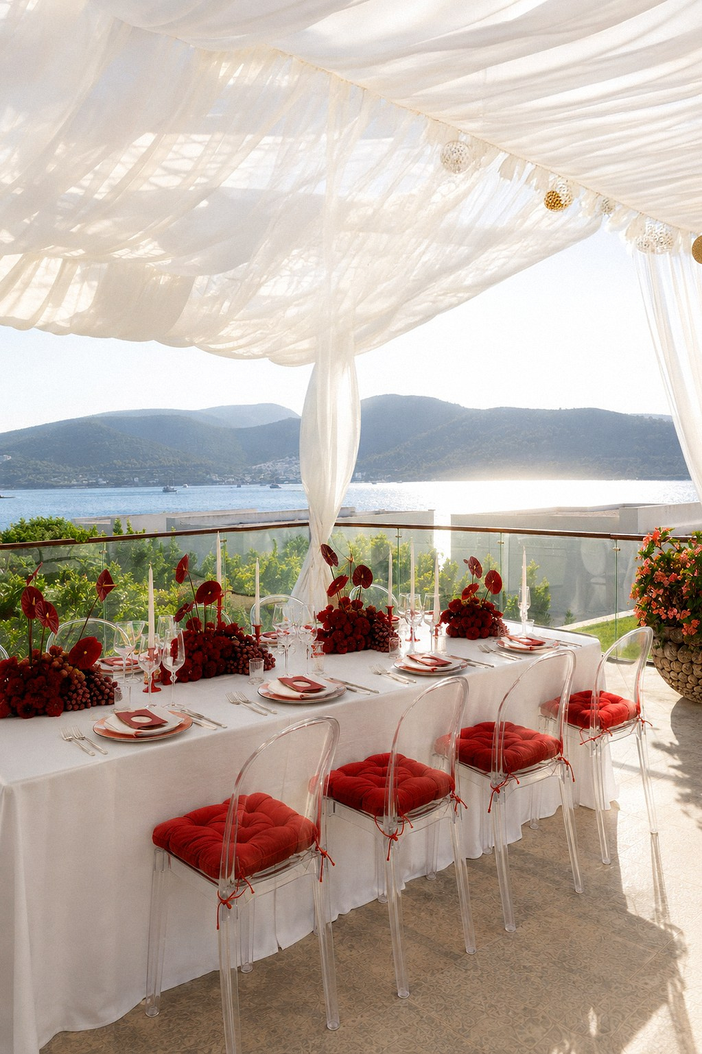 Mediterranean wedding reception design at Susona Bodrum with flowing white fabric and sea views