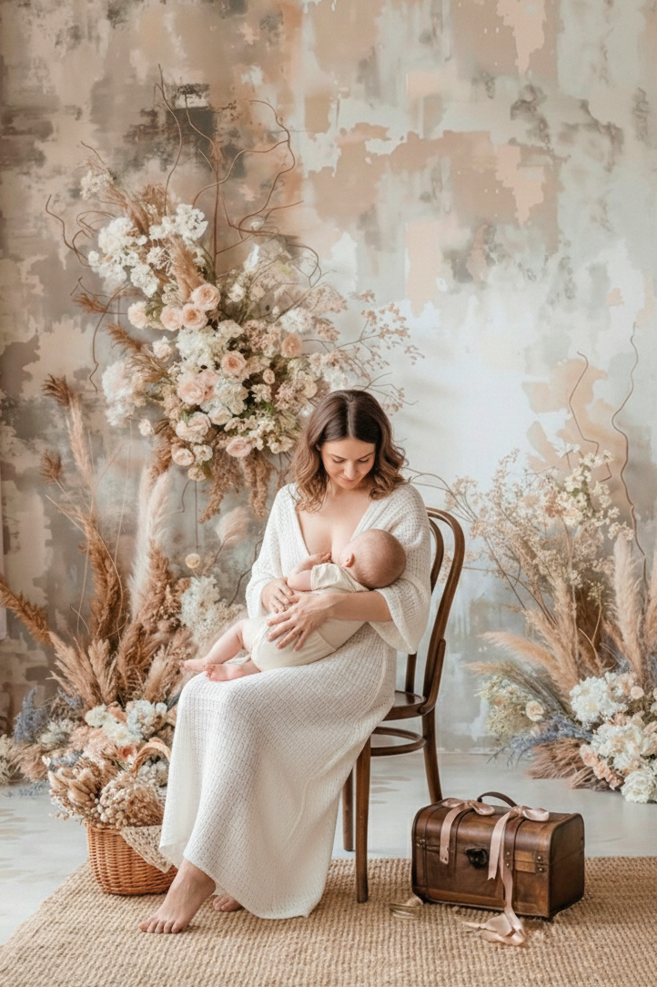 Fotografía artística de lactancia materna en estudio con decorado de flores preservadas y tonos tierra.