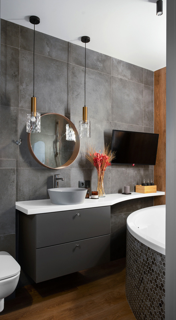 Ванная комната с телевизором и угловой ванной.