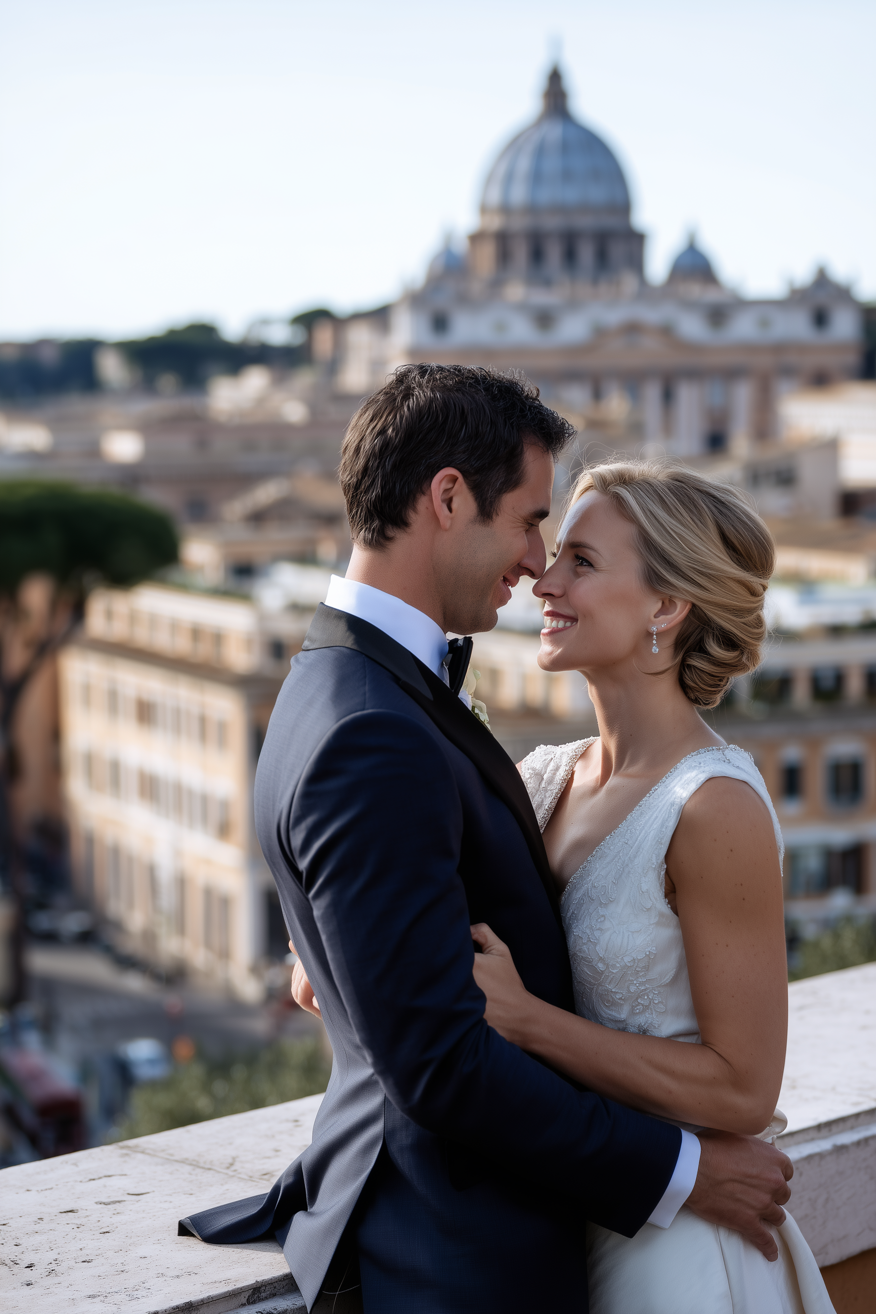 A man proposes to his girlfriend in front of the Colosseum in Rome — she smiles, touched by the moment.