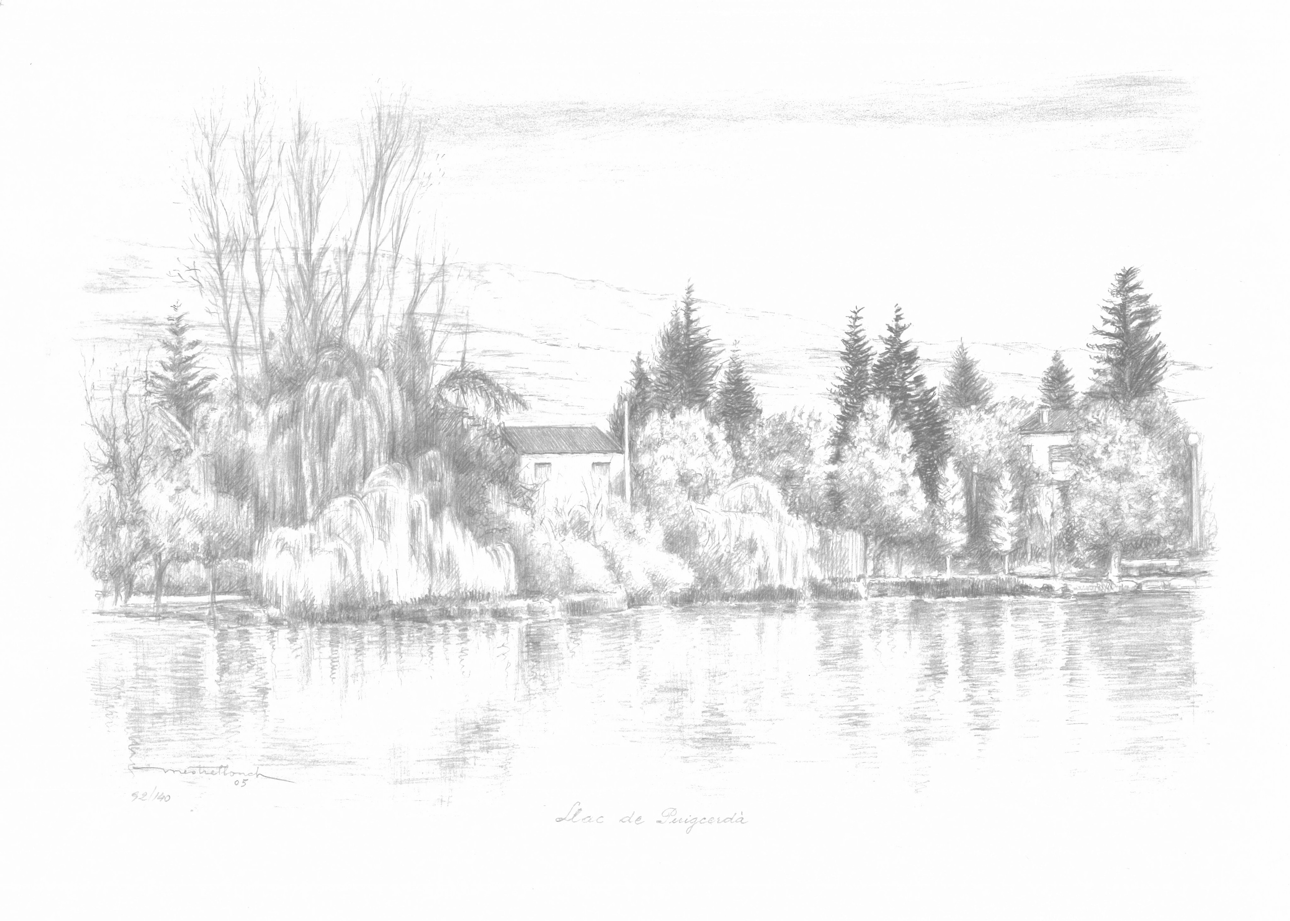 Lake Puigserda pencil drawing sketch lithography lake urban environment